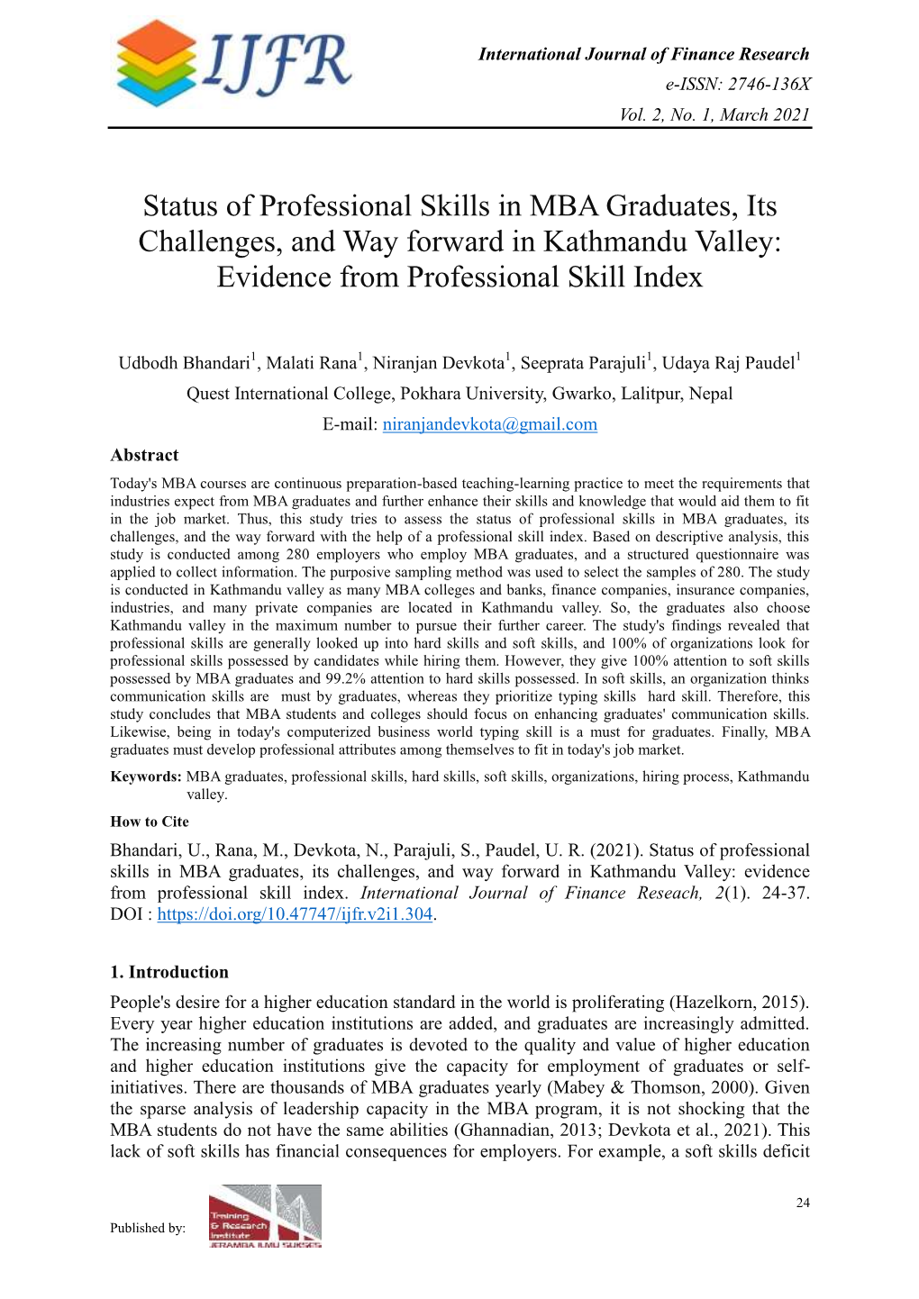 Status of Professional Skills in MBA Graduates, Its Challenges, and Way Forward in Kathmandu Valley: Evidence from Professional Skill Index