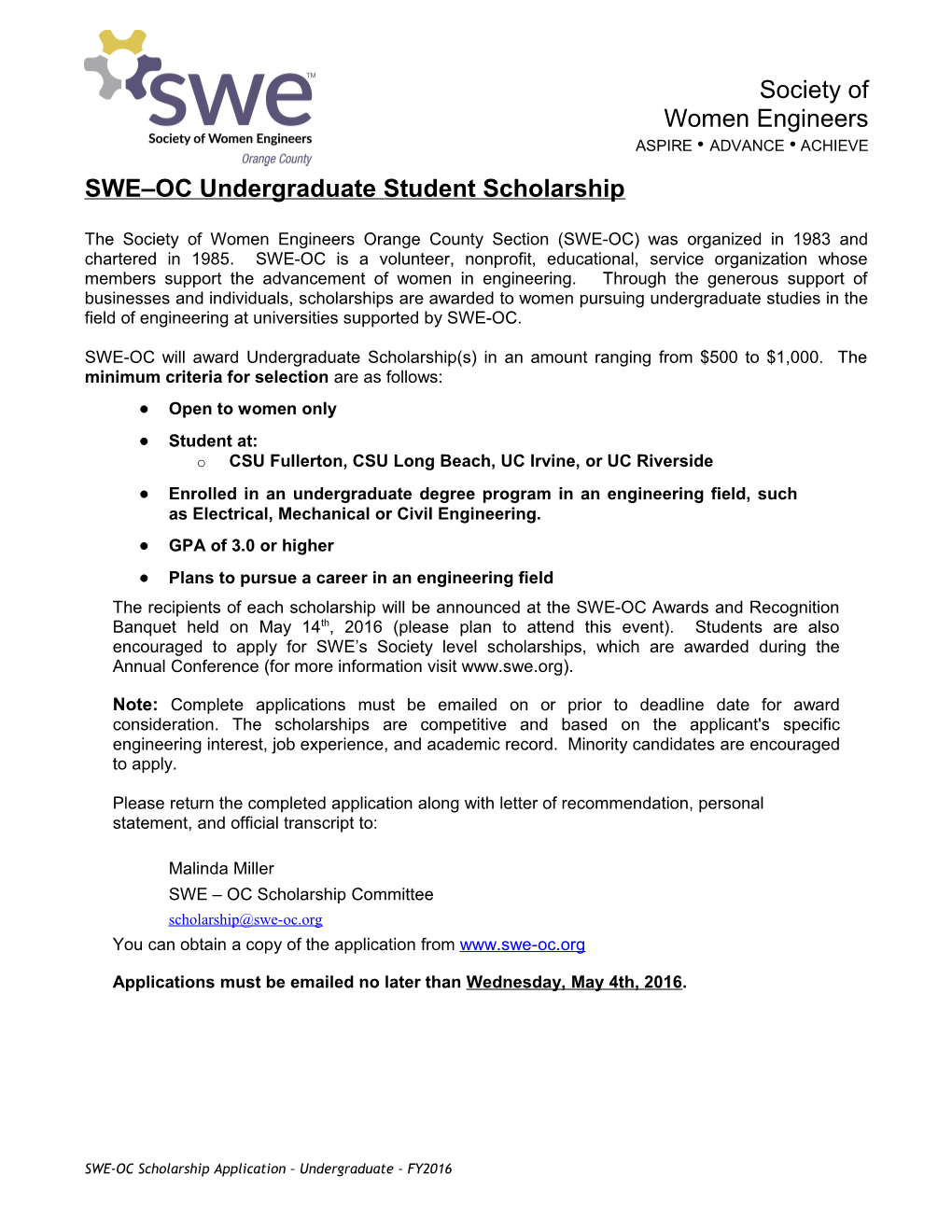 SWE OC Undergraduate Student Scholarship