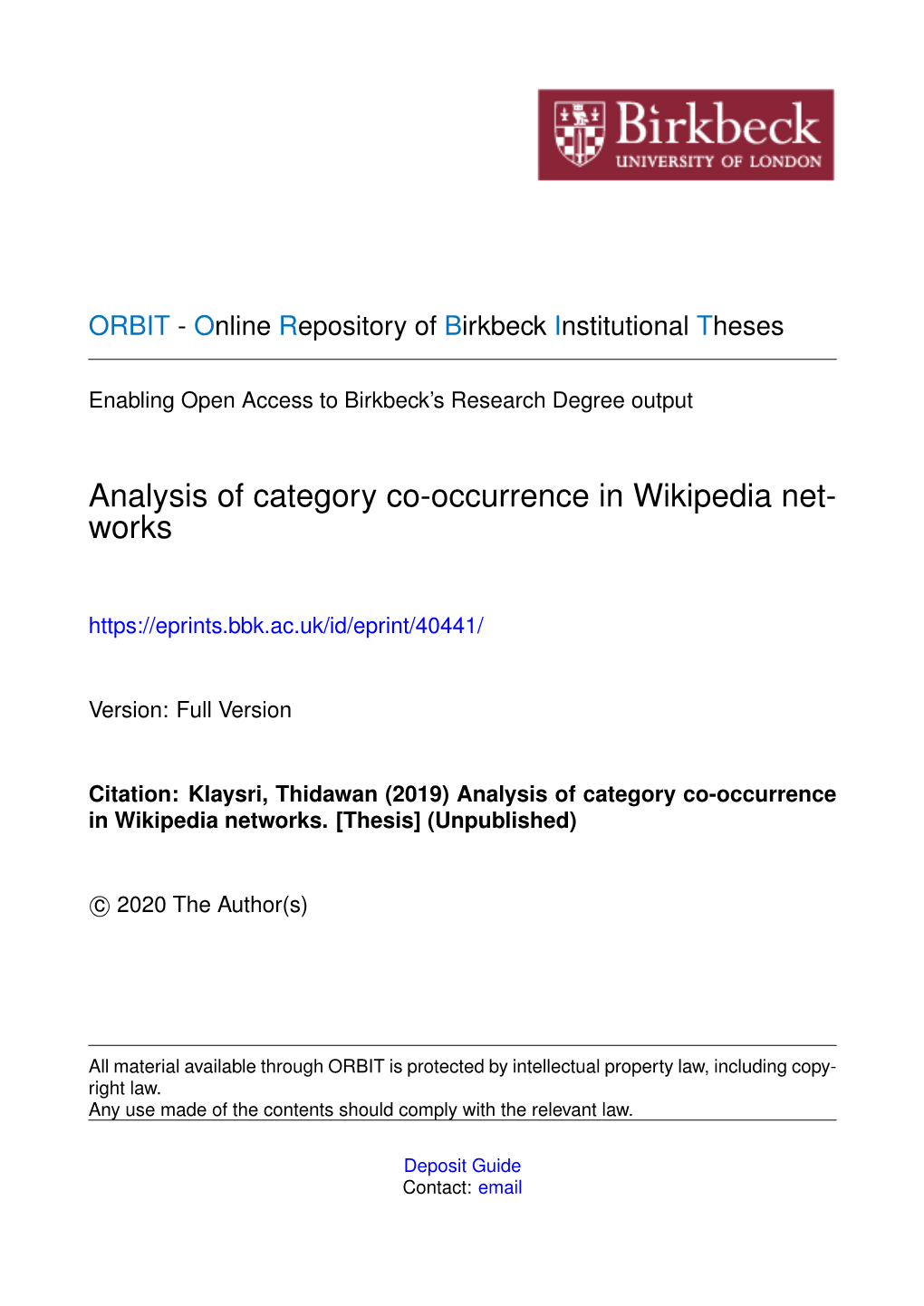 Analysis of Category Co-Occurrence in Wikipedia Net- Works