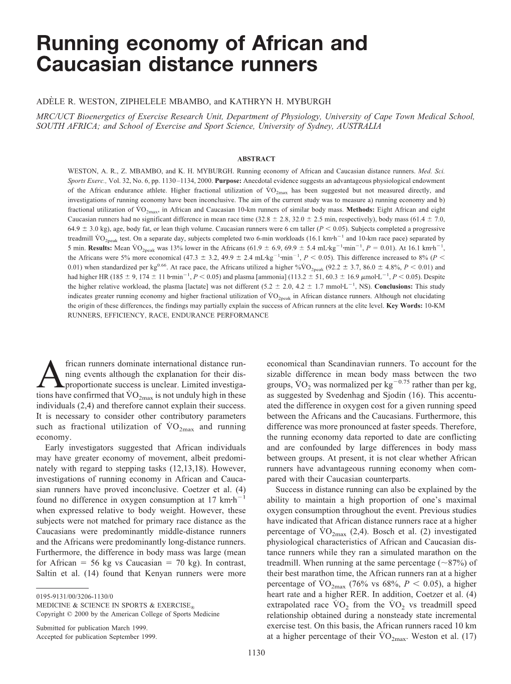 Running Economy of African and Caucasian Distance Runners