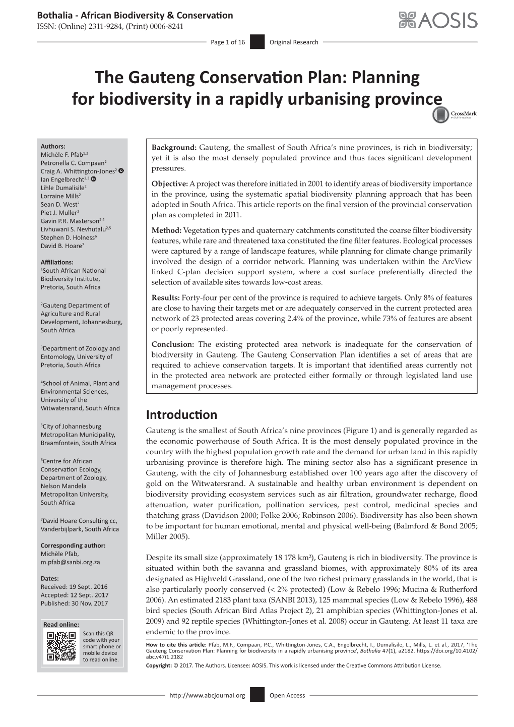 The Gauteng Conservation Plan: Planning for Biodiversity in a Rapidly Urbanising Province