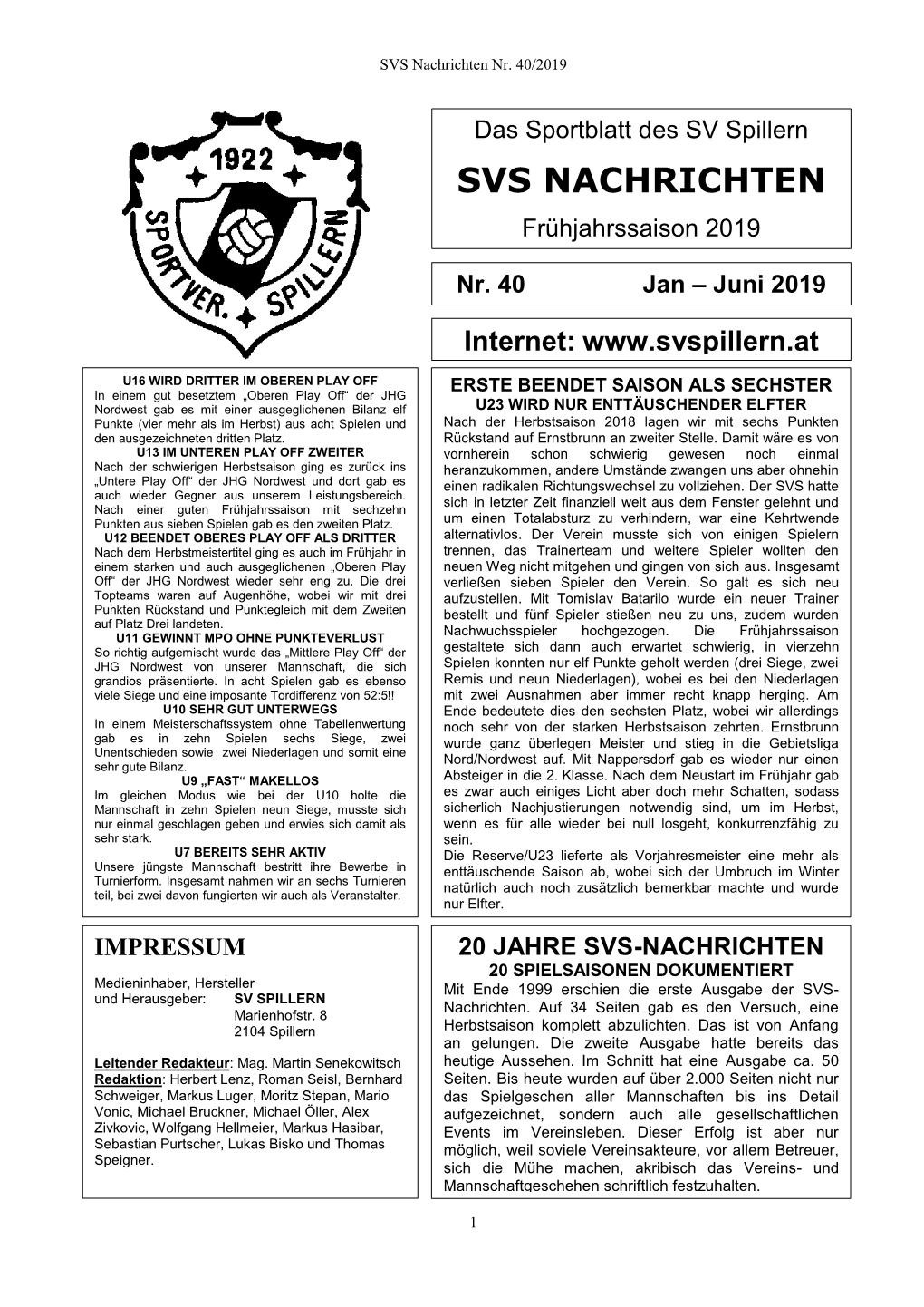 Das Sportblatt Des SV Spillern