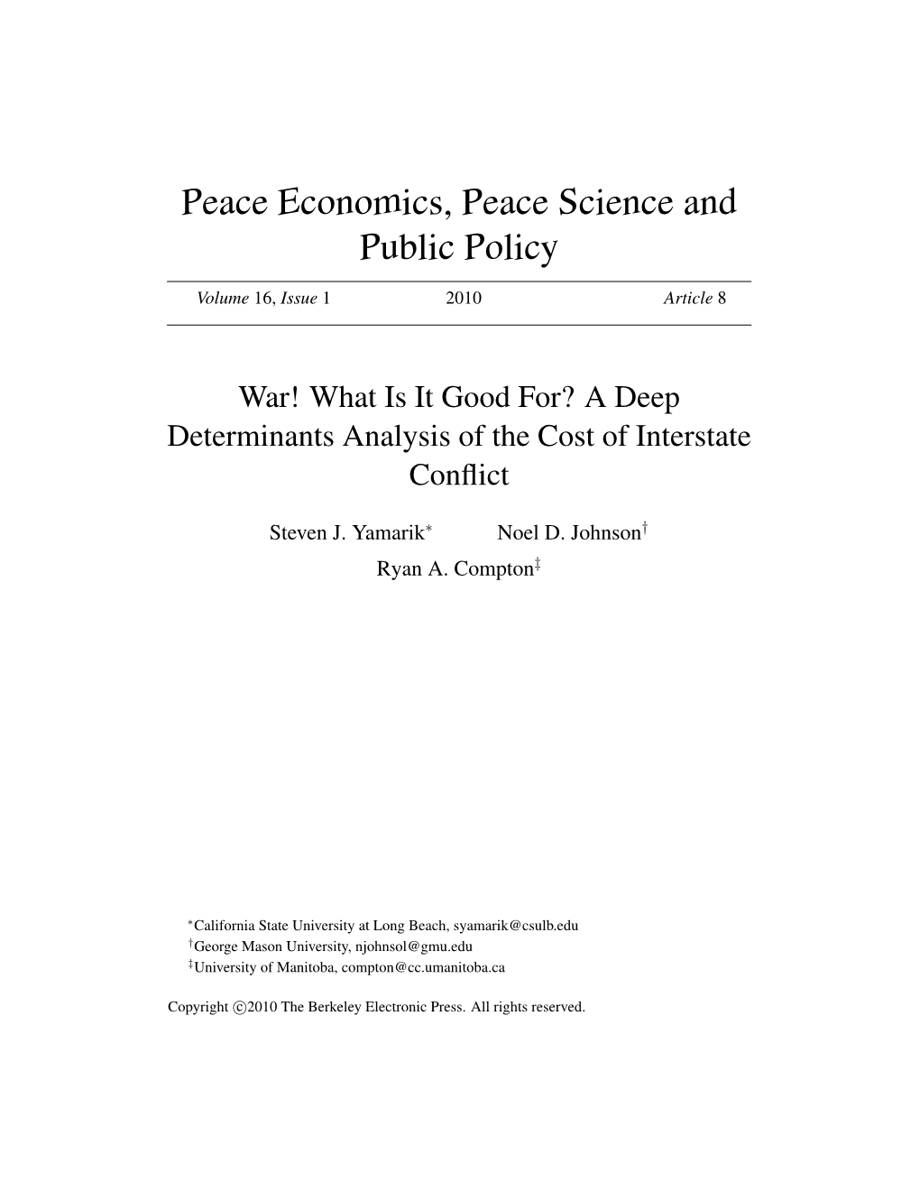 Peace Economics, Peace Science and Public Policy