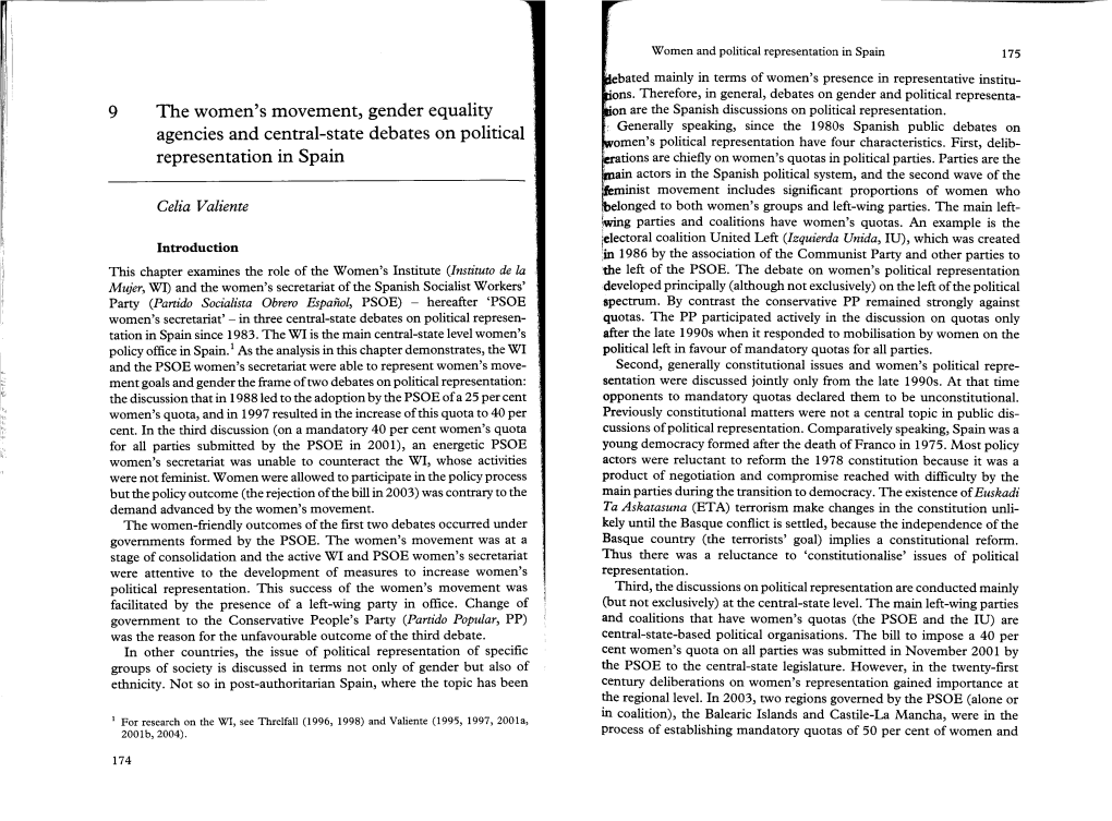 9 the Women's Movement, Gender Equality Agencies and Central-State Debates on Political Representation in Spain