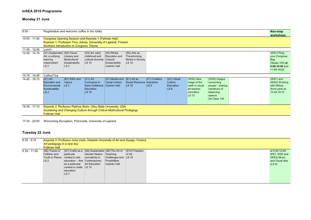 Insea 2010 Programme Monday 21 June Tuesday 22 June