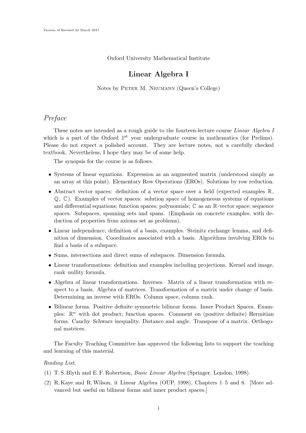 Linear Algebra I Preface