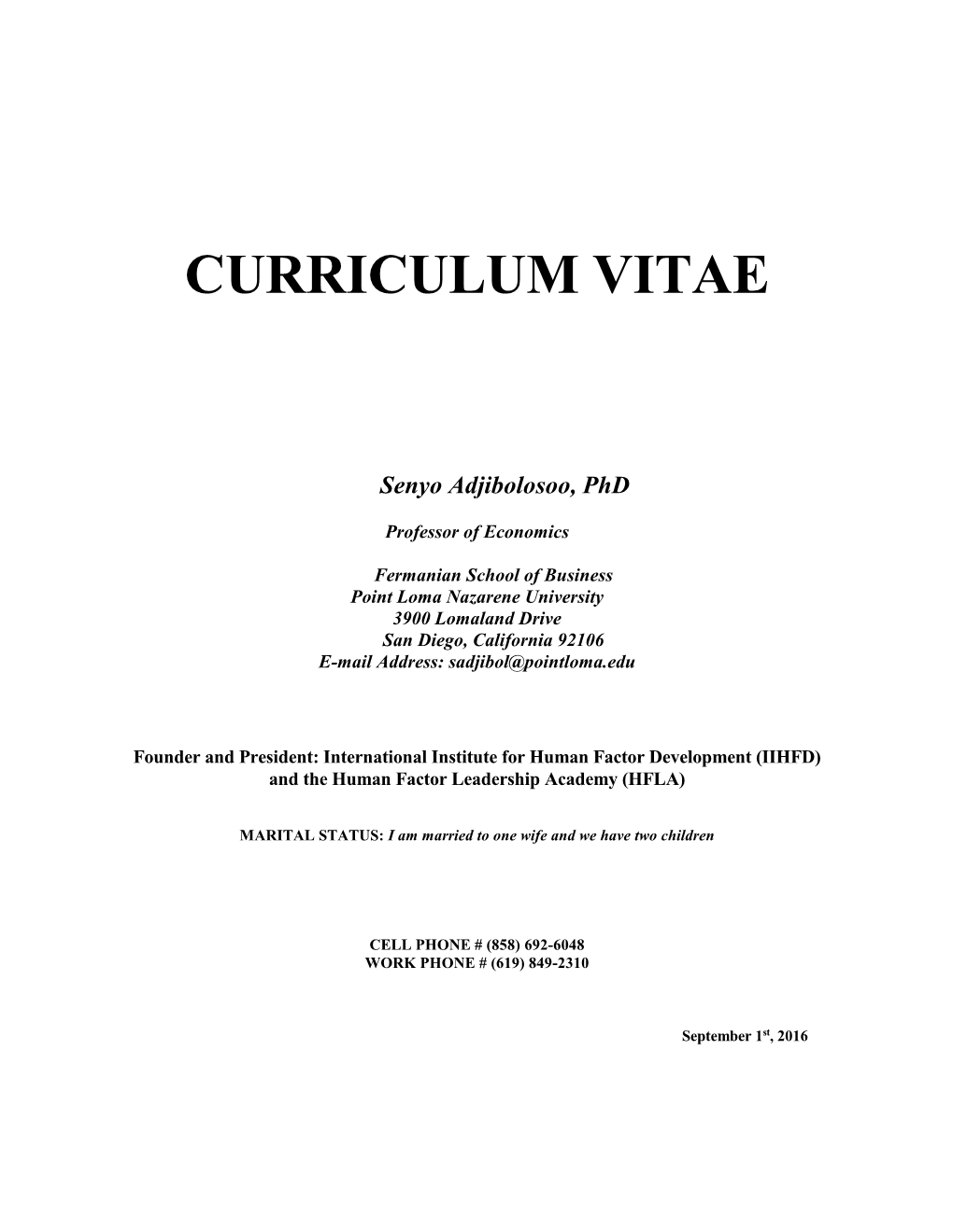 Curriculum Vitae Senyo Adjibolosoo, Ph.D