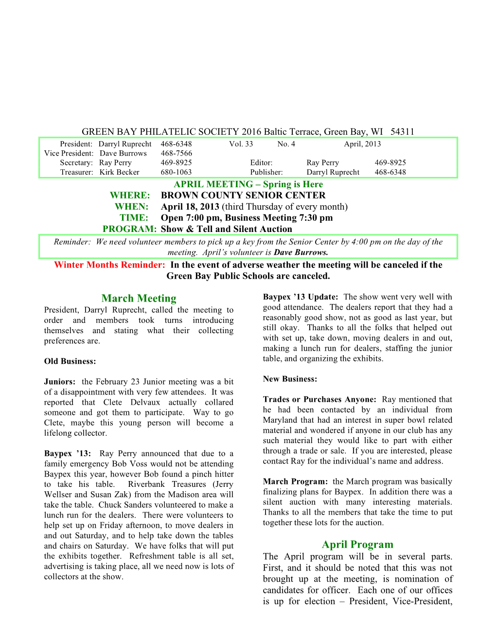 Green Bay Philatelic Society, April 2013