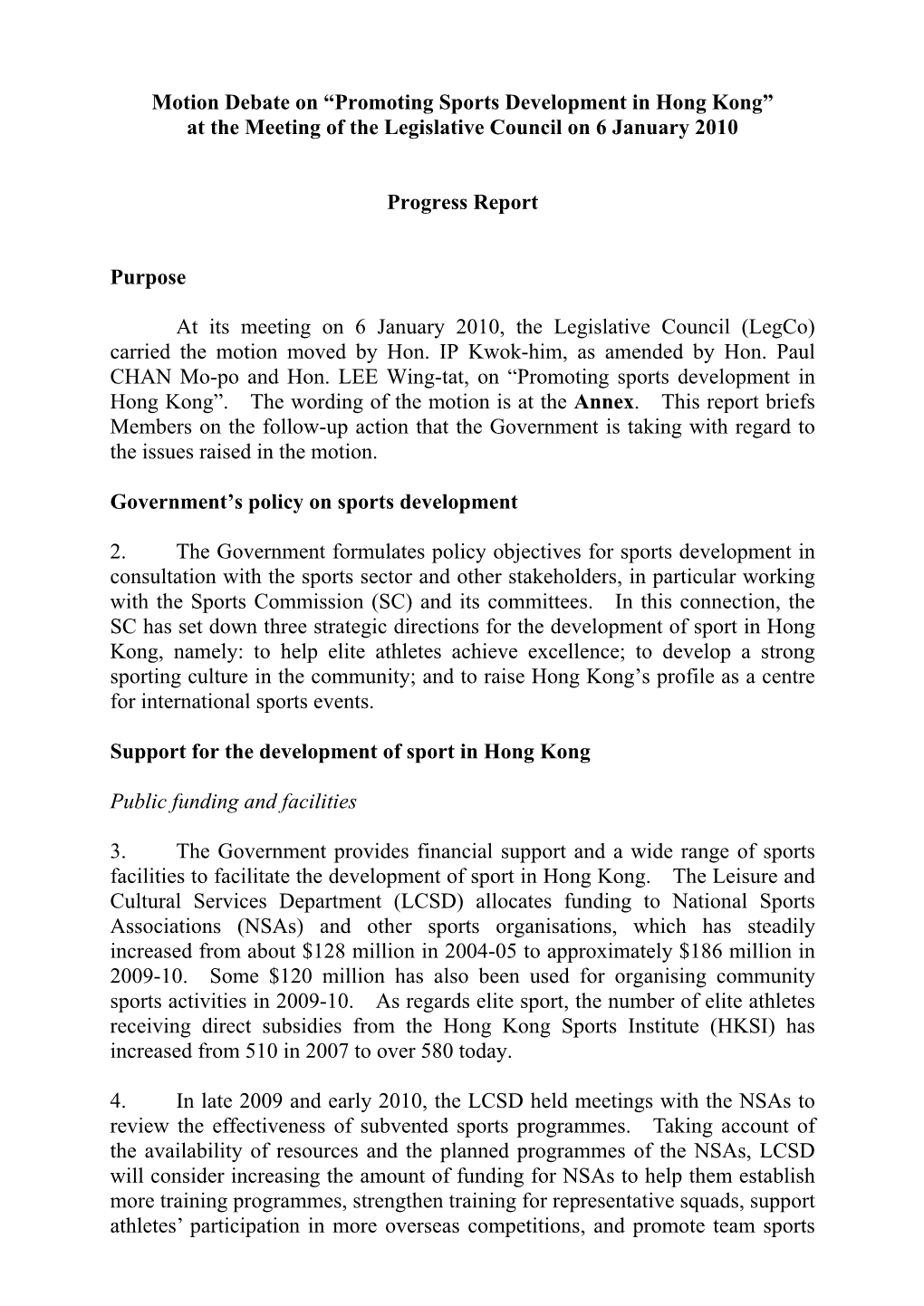 Motion Debate on “Promoting Sports Development in Hong Kong” at the Meeting of the Legislative Council on 6 January 2010