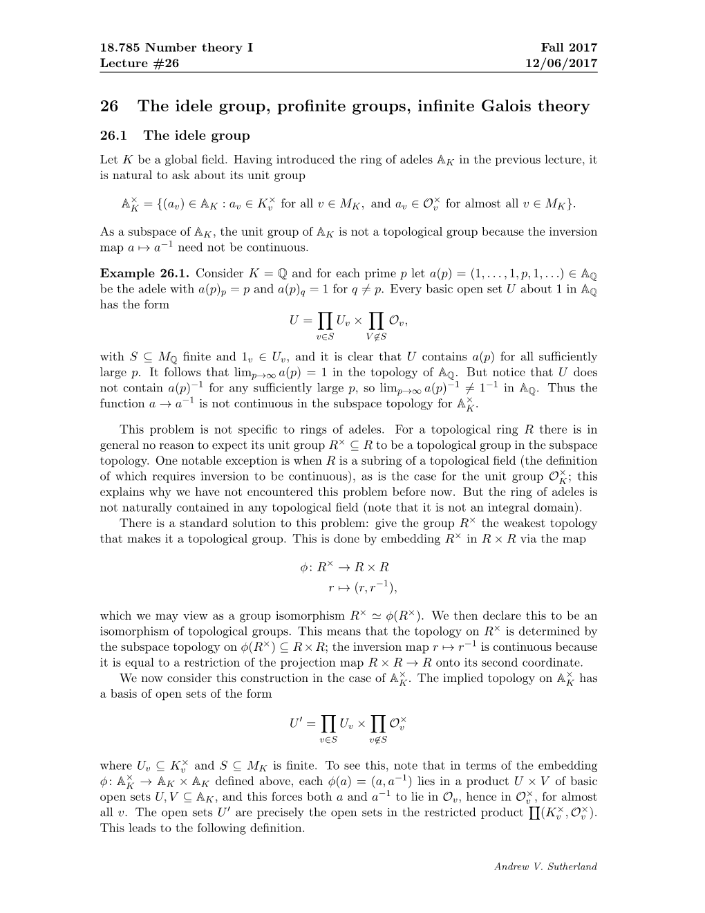 26 the Idele Group, Profinite Groups, Infinite Galois Theory