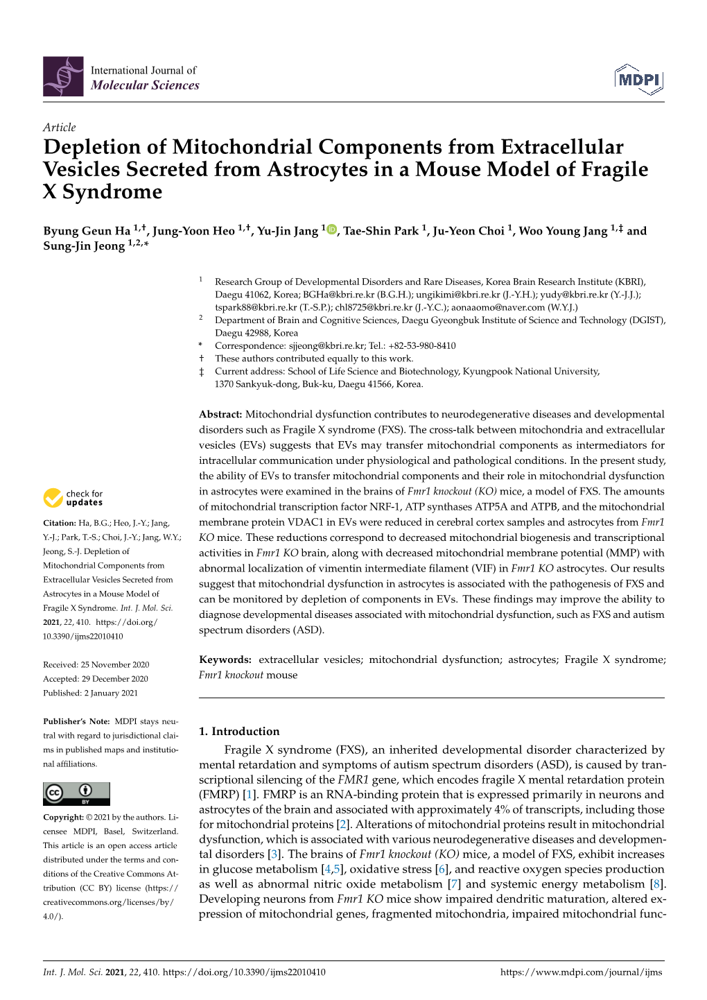 Depletion of Mitochondrial Components from Extracellular Vesicles Secreted from Astrocytes in a Mouse Model of Fragile X Syndrome