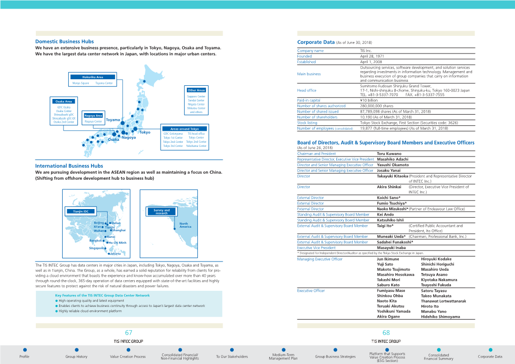 Corporate Data (As of June 30, 2018) We Have an Extensive Business Presence, Particularly in Tokyo, Nagoya, Osaka and Toyama