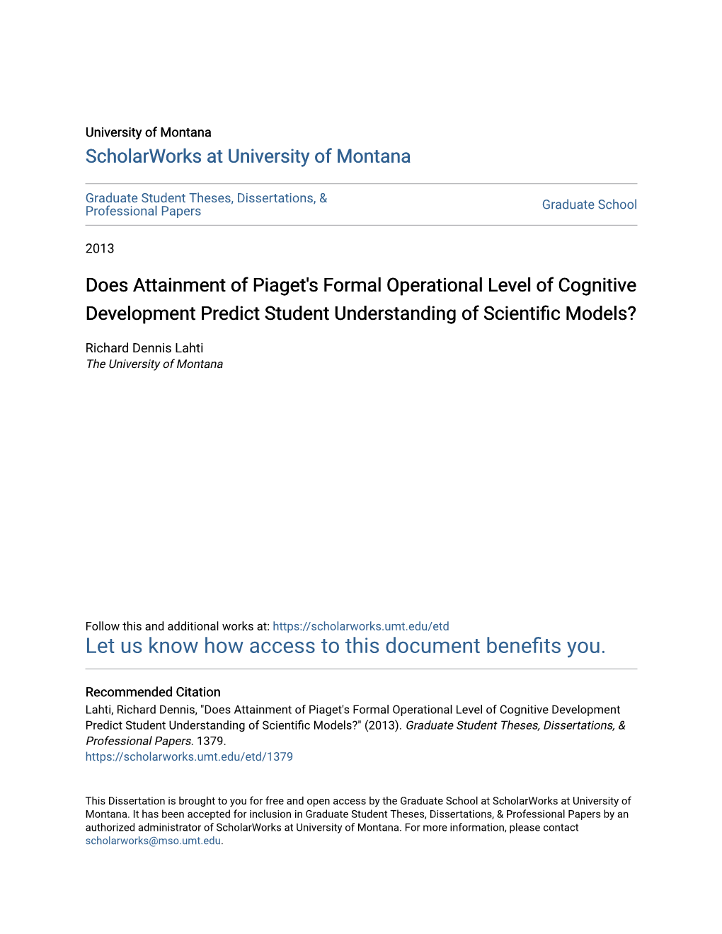 Does Attainment of Piaget's Formal Operational Level of Cognitive Development Predict Student Understanding of Scientific Models?