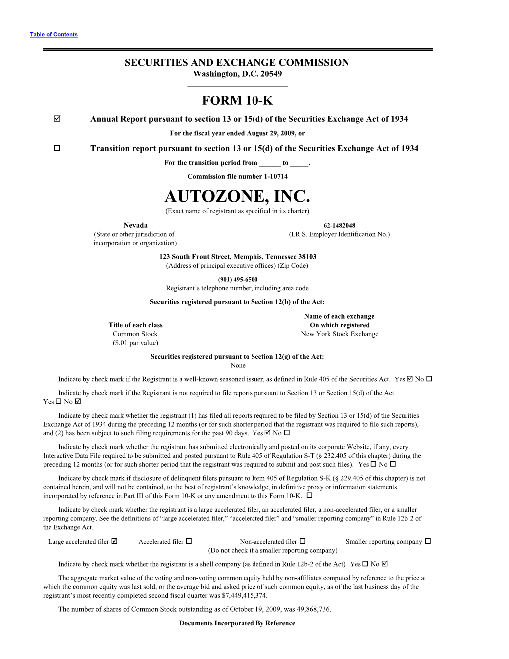 AUTOZONE, INC. (Exact Name of Registrant As Specified in Its Charter)