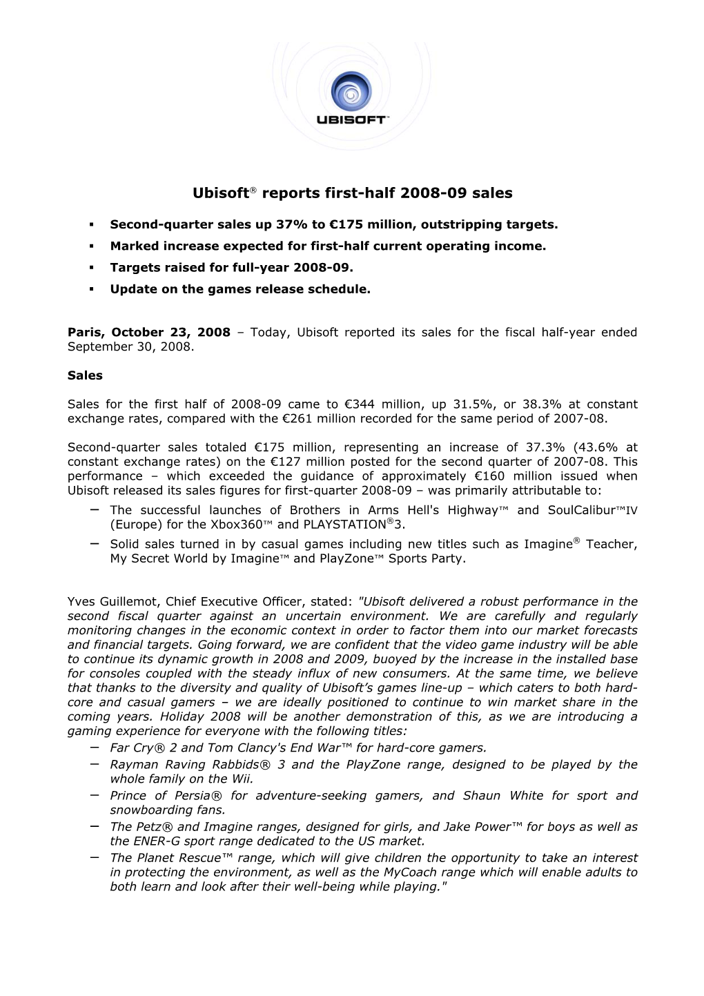 Ubisoft® Reports First-Half 2008-09 Sales