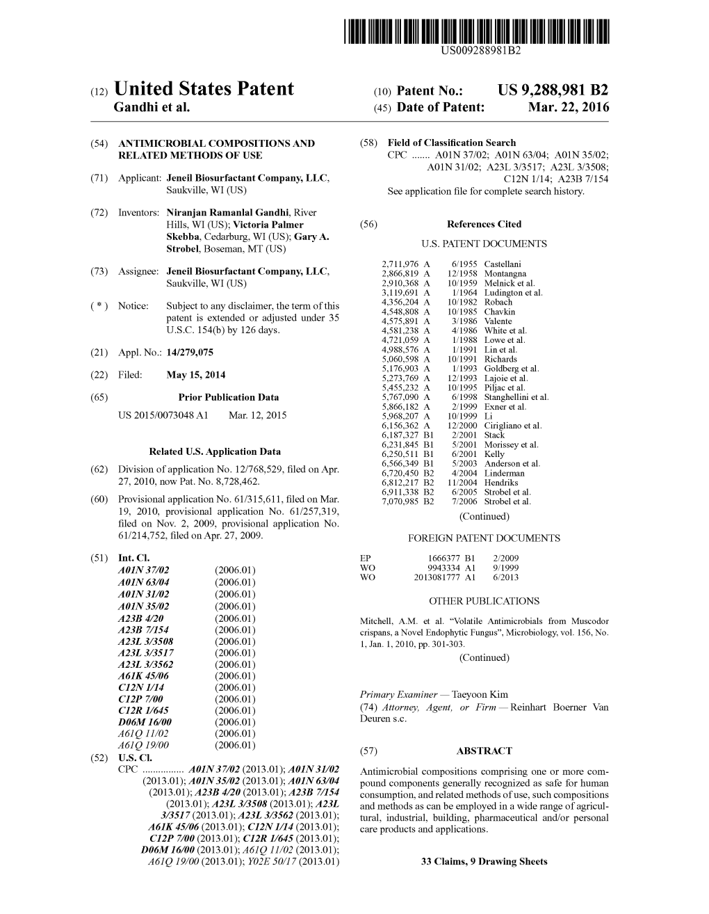 (12) United States Patent (10) Patent No.: US 9.288,981 B2 Gandhi Et Al