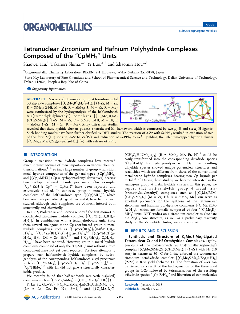 Tetranuclear Zirconium and Hafnium Polyhydride Complexes Composed of the Cpmh&lt;Sub&gt;2&lt;/Sub&gt; Units