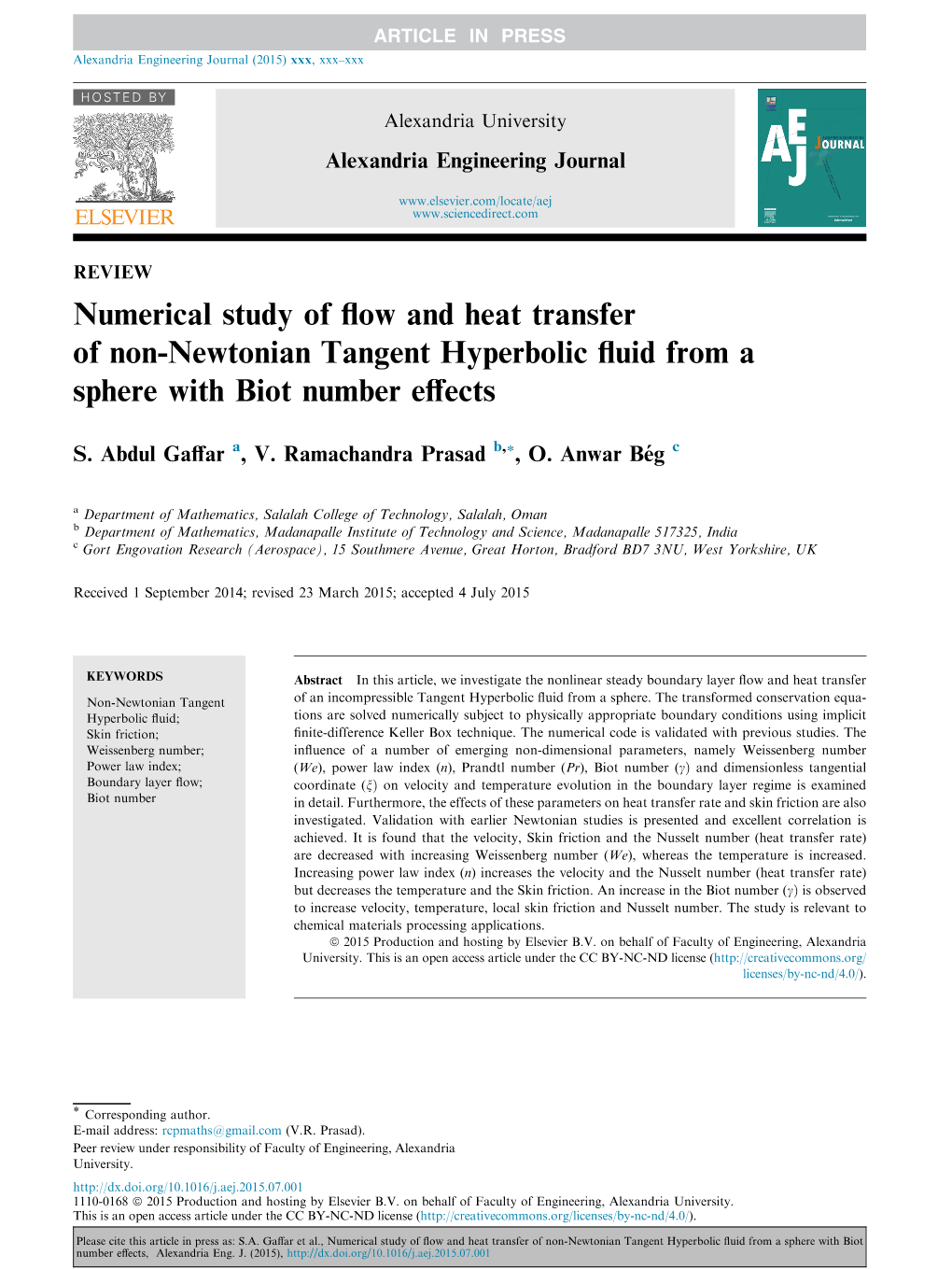 Numerical Study of Flow and Heat Transfer of Non-Newtonian Tangent