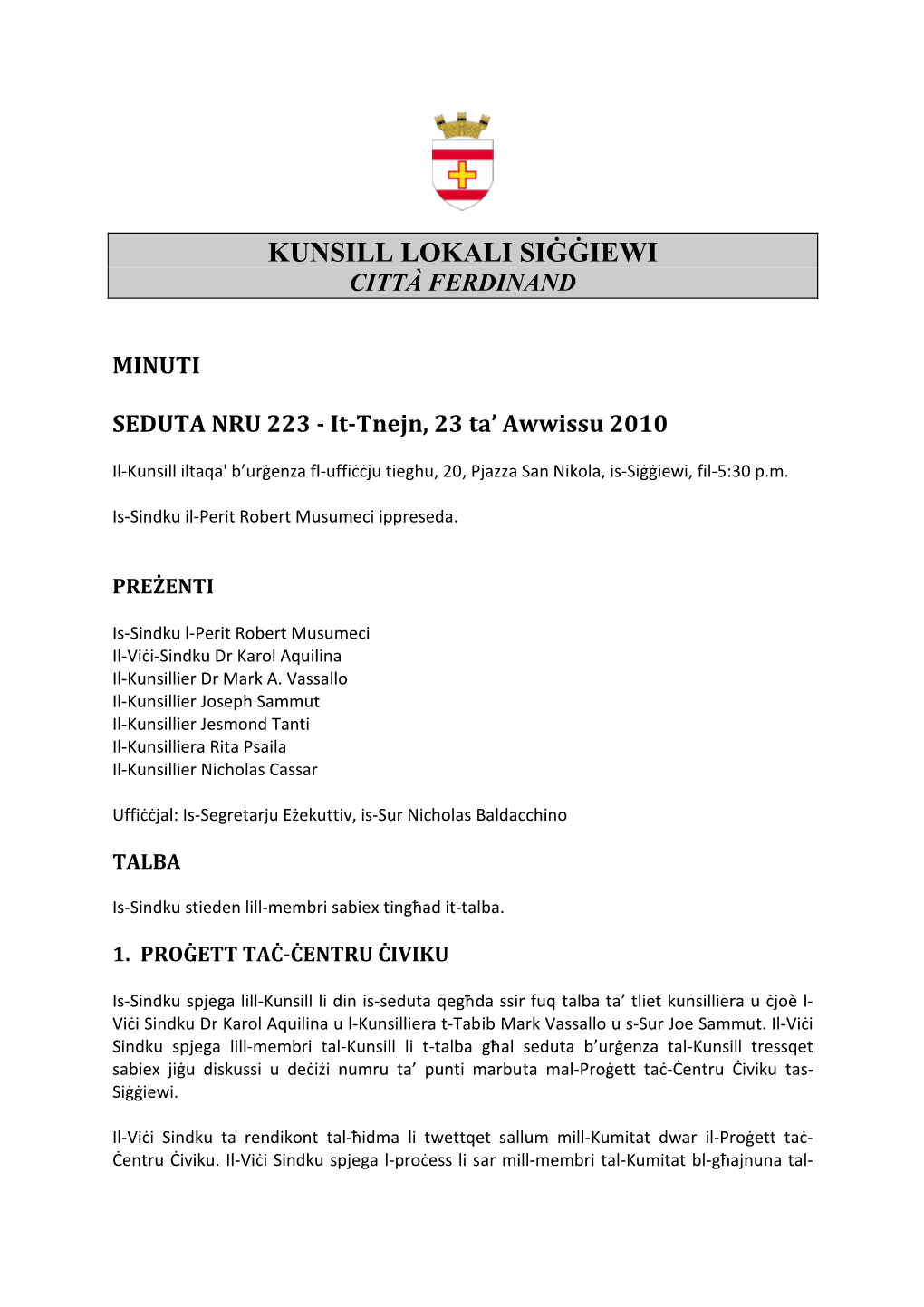 Kunsill Lokali Siġġiewi Città Ferdinand