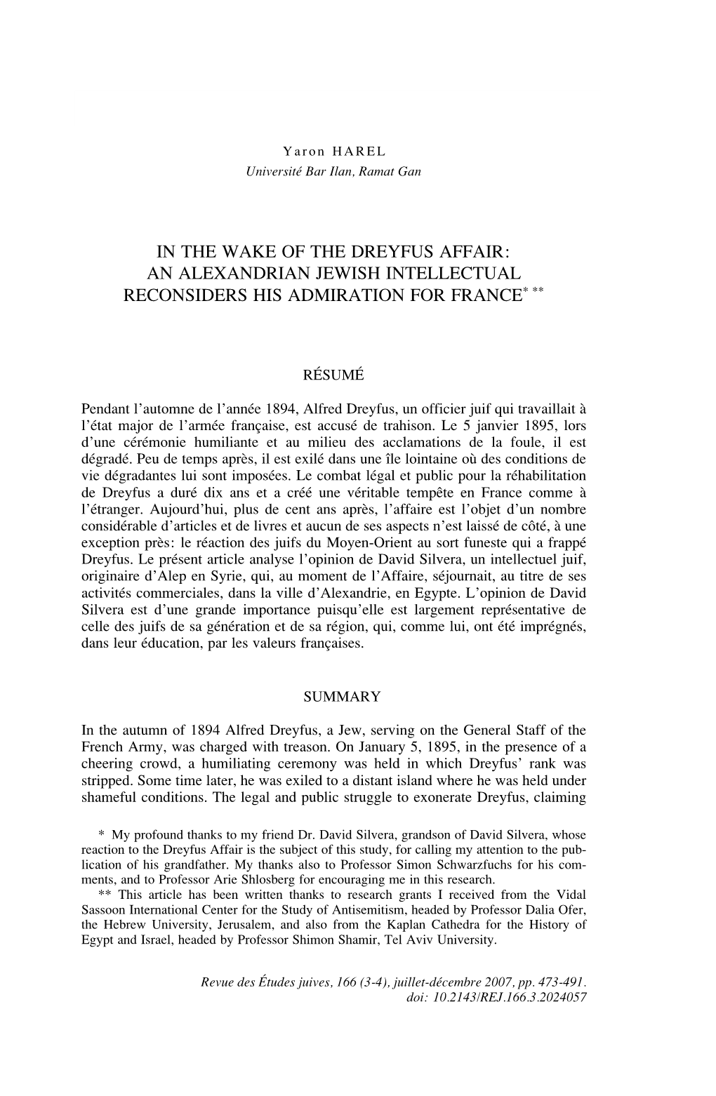 In the Wake of the Dreyfus Affair: an Alexandrian Jewish Intellectual Reconsiders His Admiration for France* **