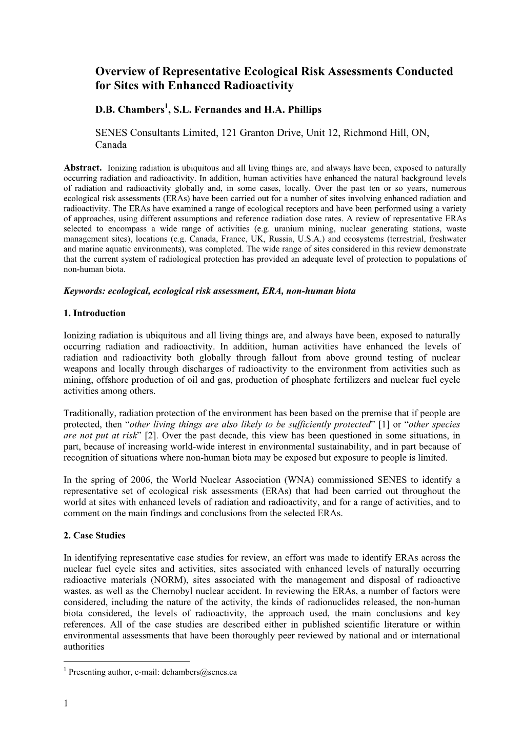 Overview of Representative Ecological Risk Assessments Conducted for Sites with Enhanced Radioactivity