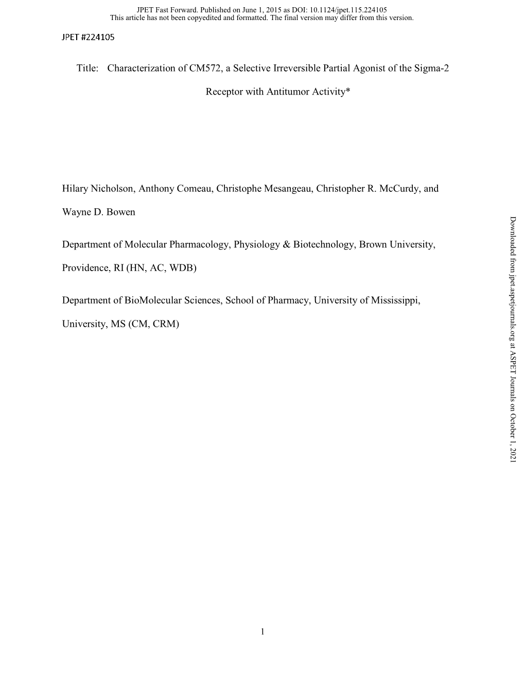 Characterization of CM572, a Selective Irreversible Partial Agonist of the Sigma-2 Receptor with Antitumor Activity*