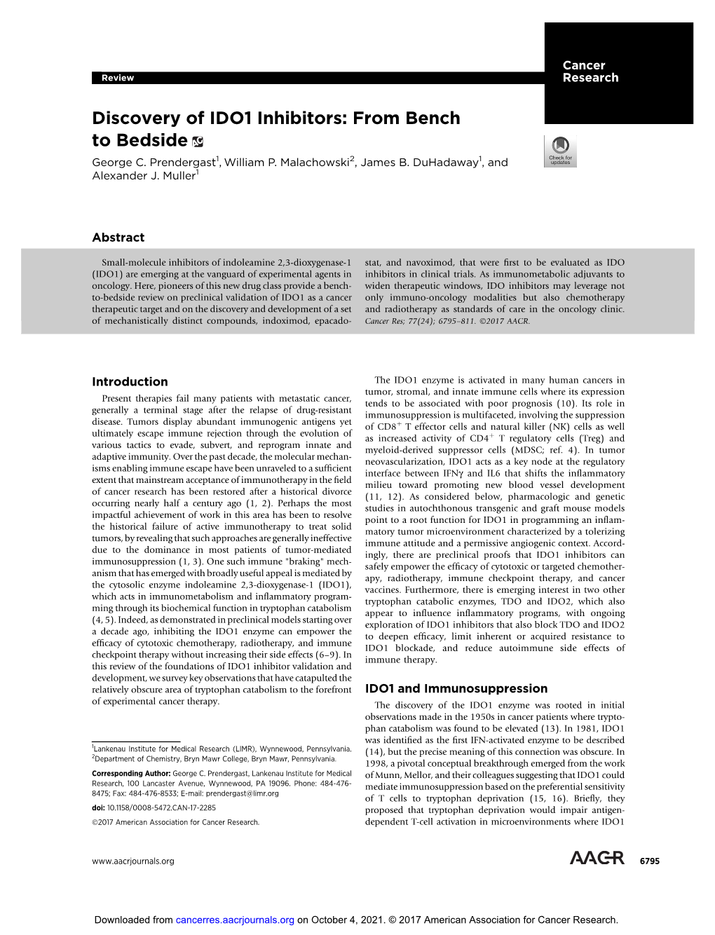 Discovery of IDO1 Inhibitors: from Bench to Bedside George C