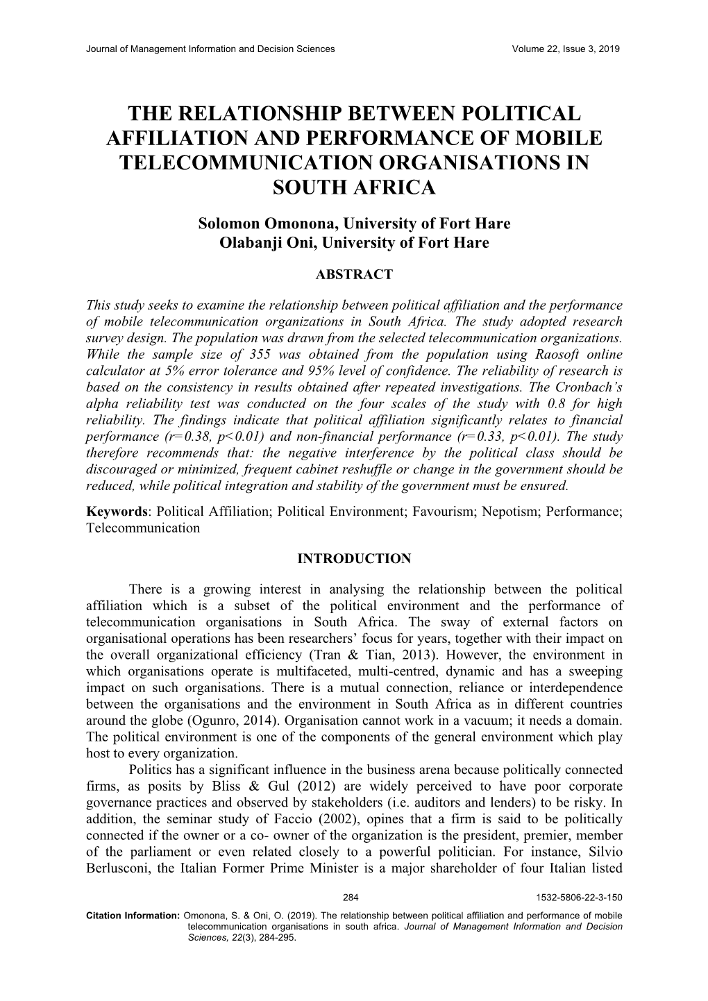 The Relationship Between Political Affiliation and Performance of Mobile Telecommunication Organisations in South Africa