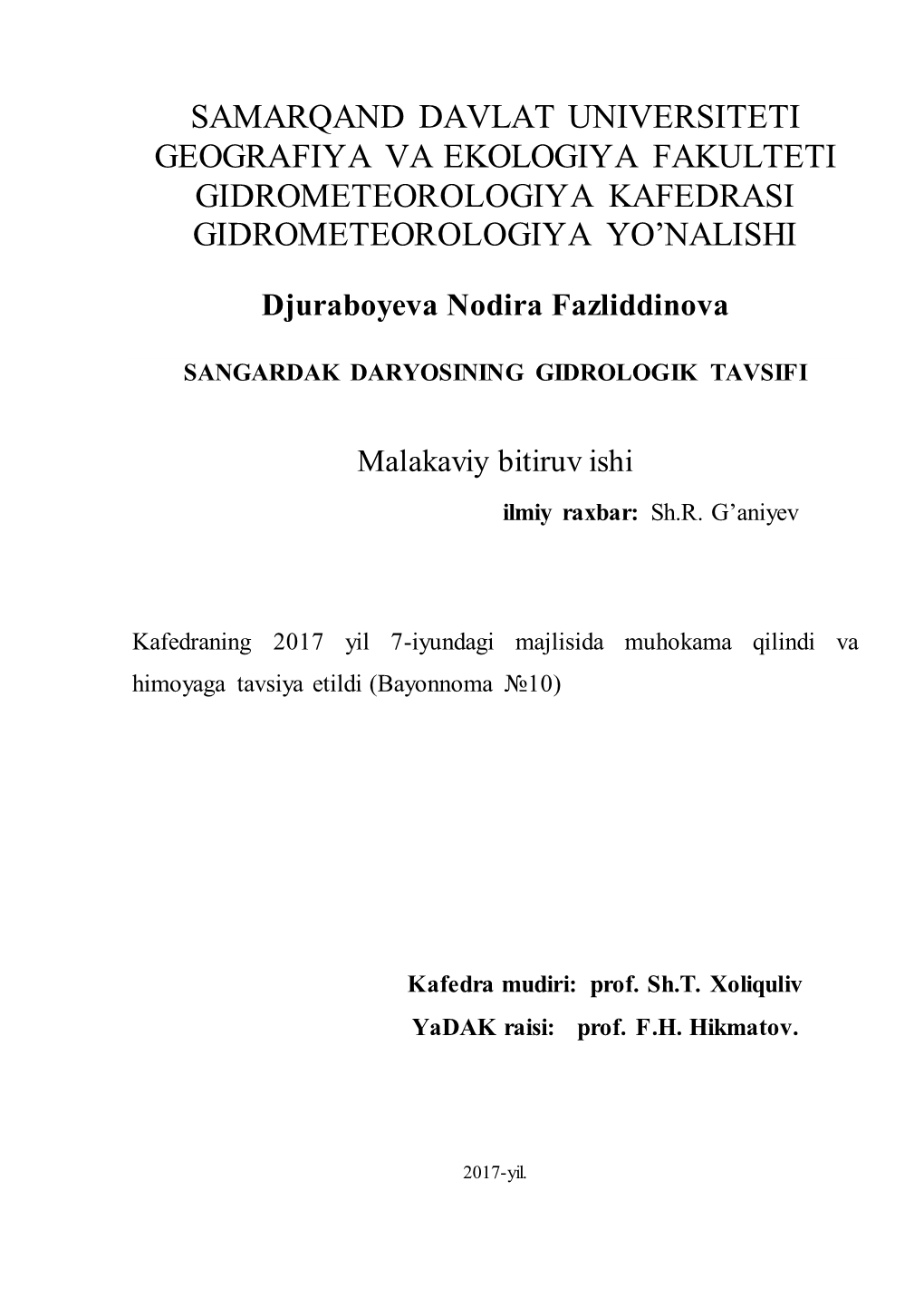 Samarqand Davlat Universiteti Geografiya Va Ekologiya Fakulteti Gidrometeorologiya Kafedrasi Gidrometeorologiya Yo’Nalishi