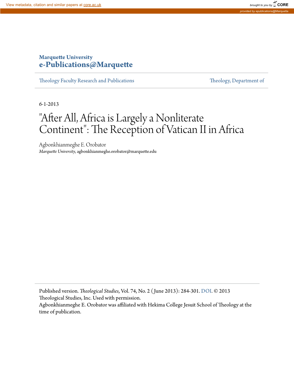 The Reception of Vatican II in Africa Agbonkhianmeghe E