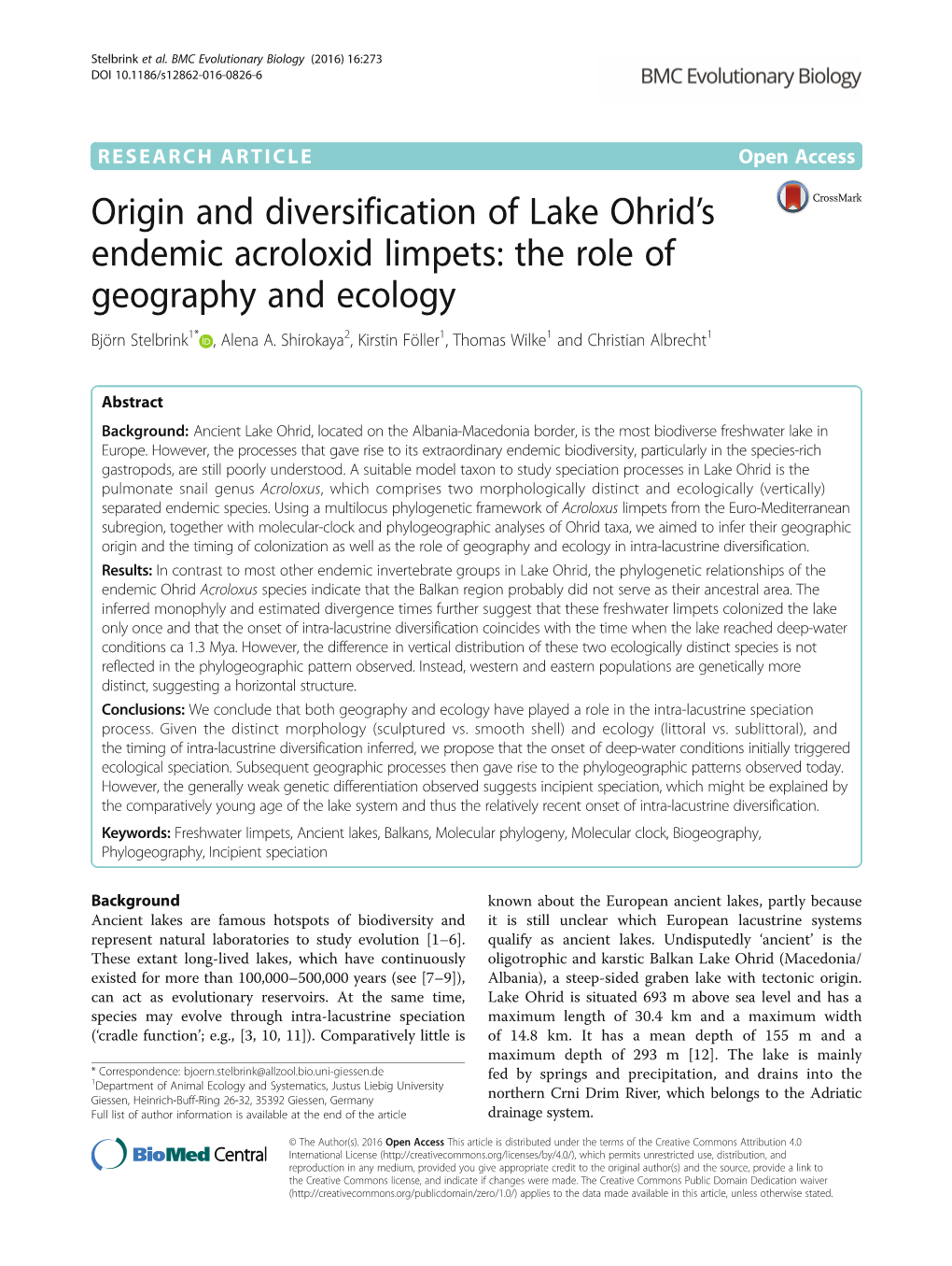 Origin and Diversification of Lake Ohrid's Endemic Acroloxid Limpets