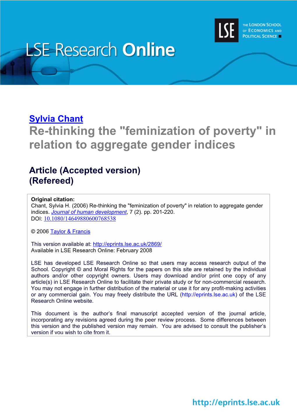 Re-Thinking the "Feminization of Poverty" in Relation to Aggregate Gender Indices
