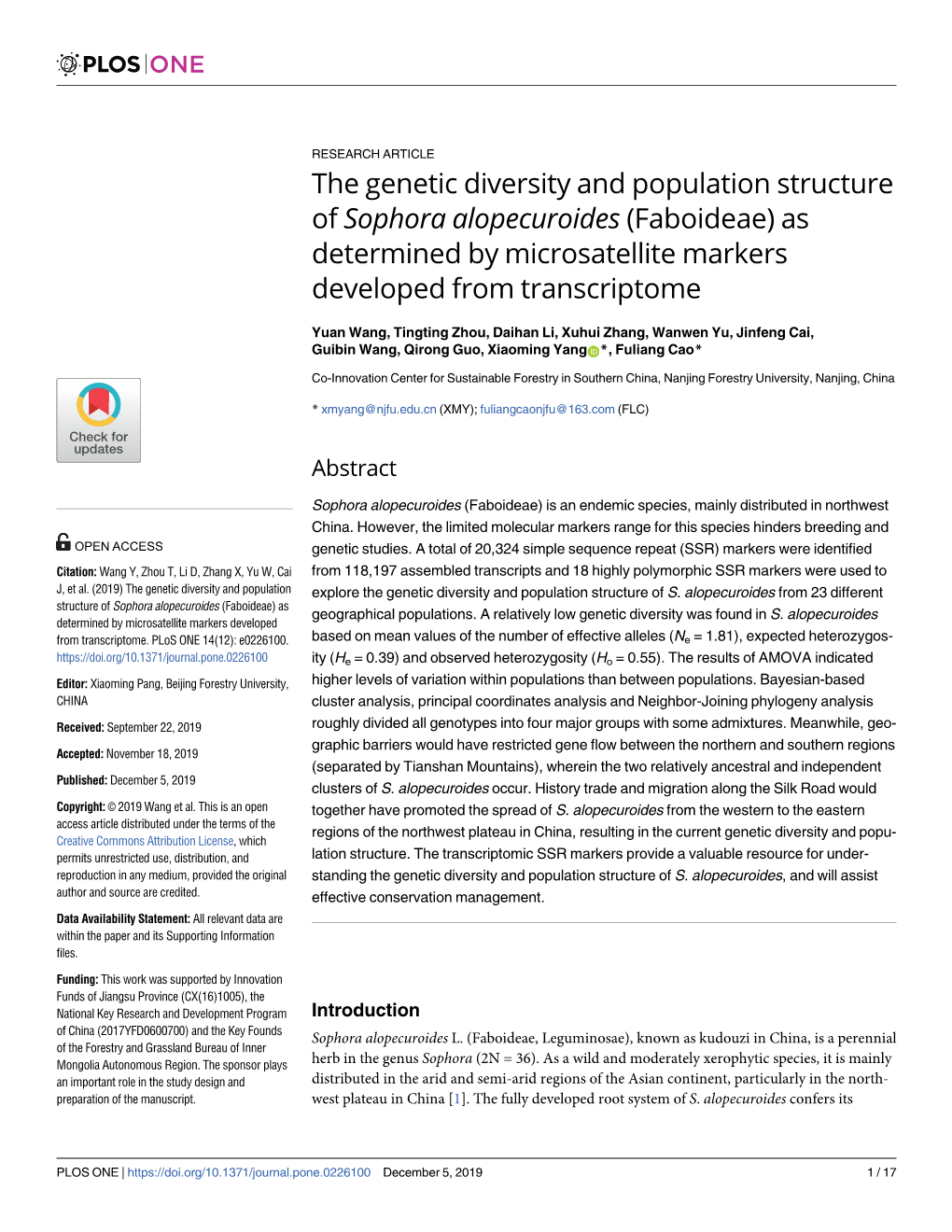 The Genetic Diversity and Population Structure of Sophora Alopecuroides (Faboideae) As Determined by Microsatellite Markers Developed from Transcriptome