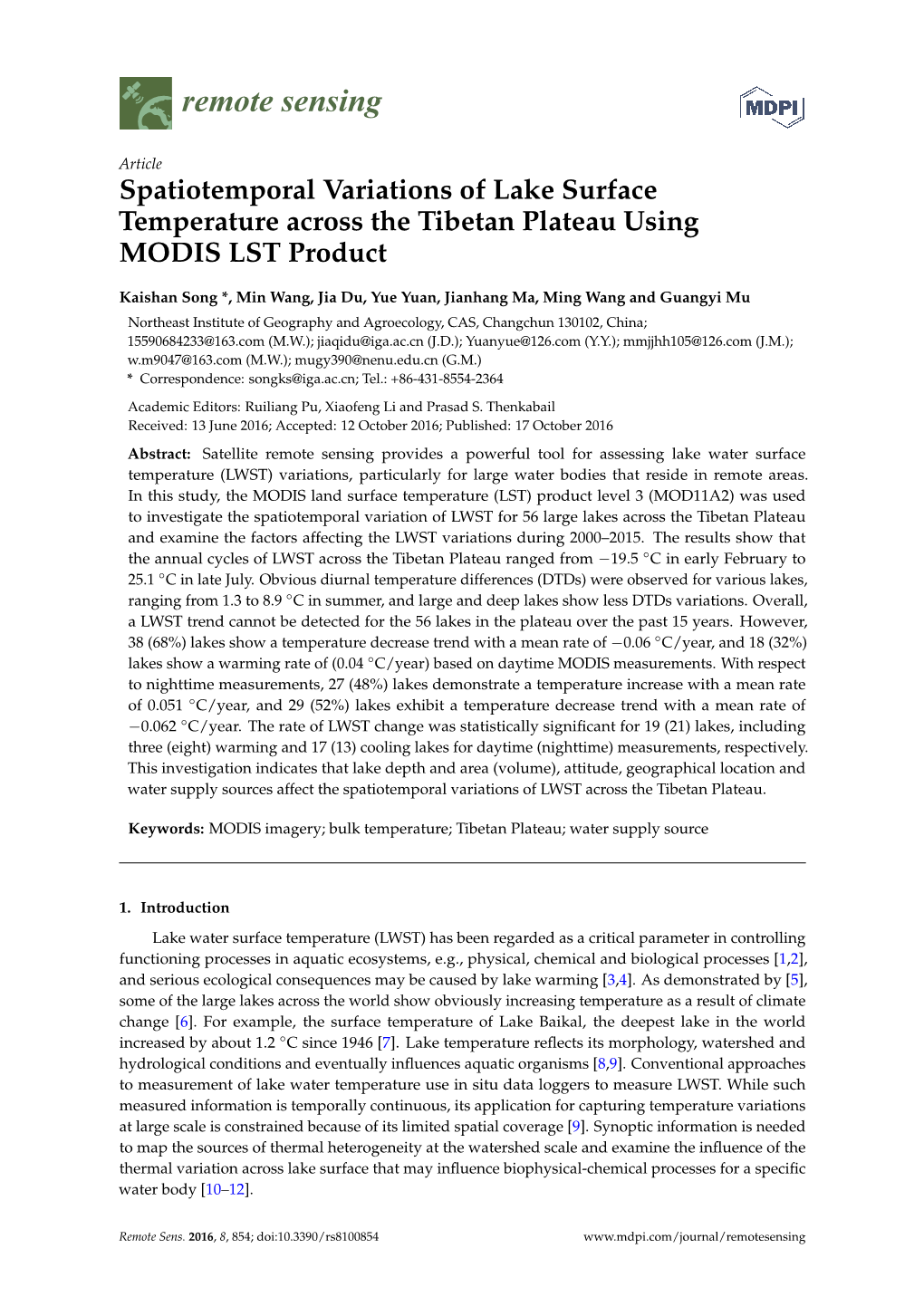 Spatiotemporal Variations of Lake Surface Temperature Across the Tibetan Plateau Using MODIS LST Product