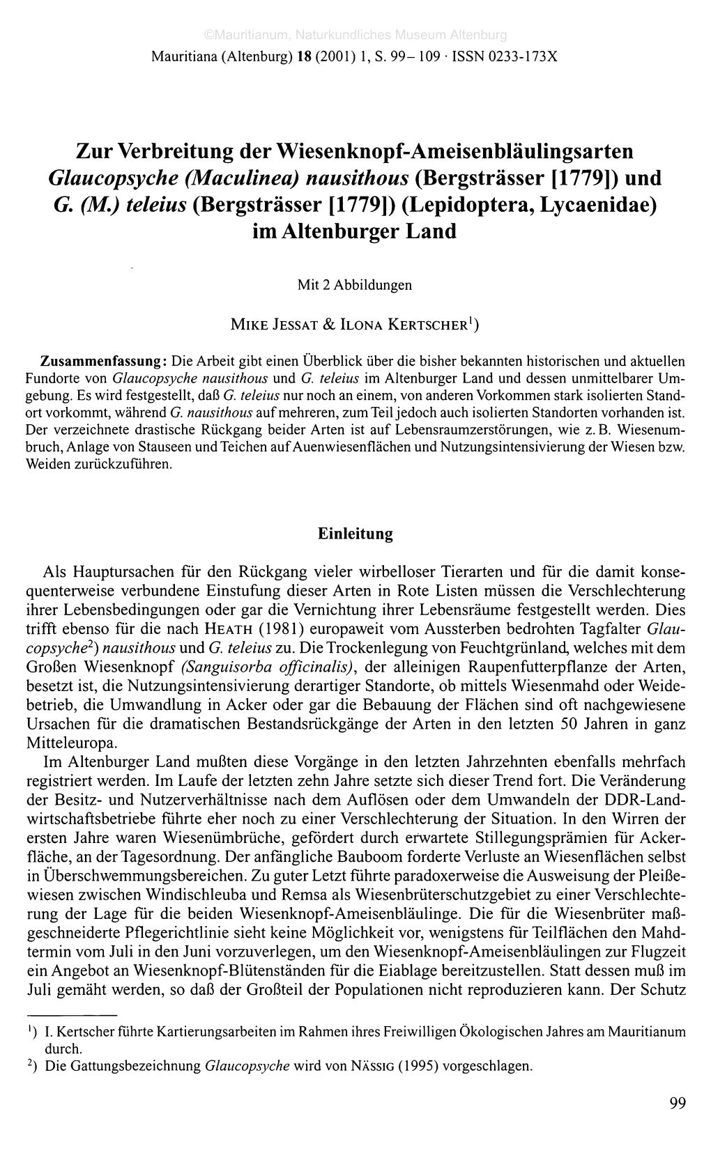 (Maculinea) Nausithous (Bergsträsser [1779]) Und G. (M.) Teleius (Bergsträsser [1779]) (Lepidoptera, Lycaenidae) Im Altenburger Land