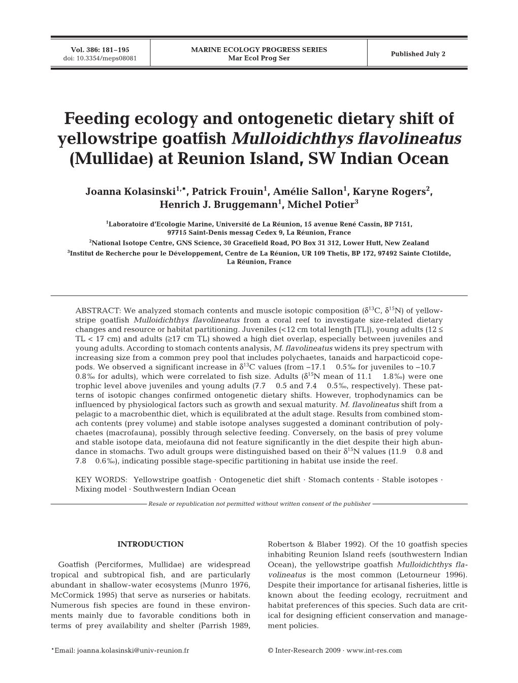 Feeding Ecology and Ontogenetic Dietary Shift of Yellowstripe Goatfish Mulloidichthys Flavolineatus (Mullidae) at Reunion Island, SW Indian Ocean