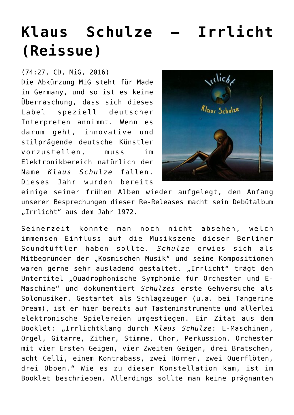 Klaus Schulze – Irrlicht (Reissue)
