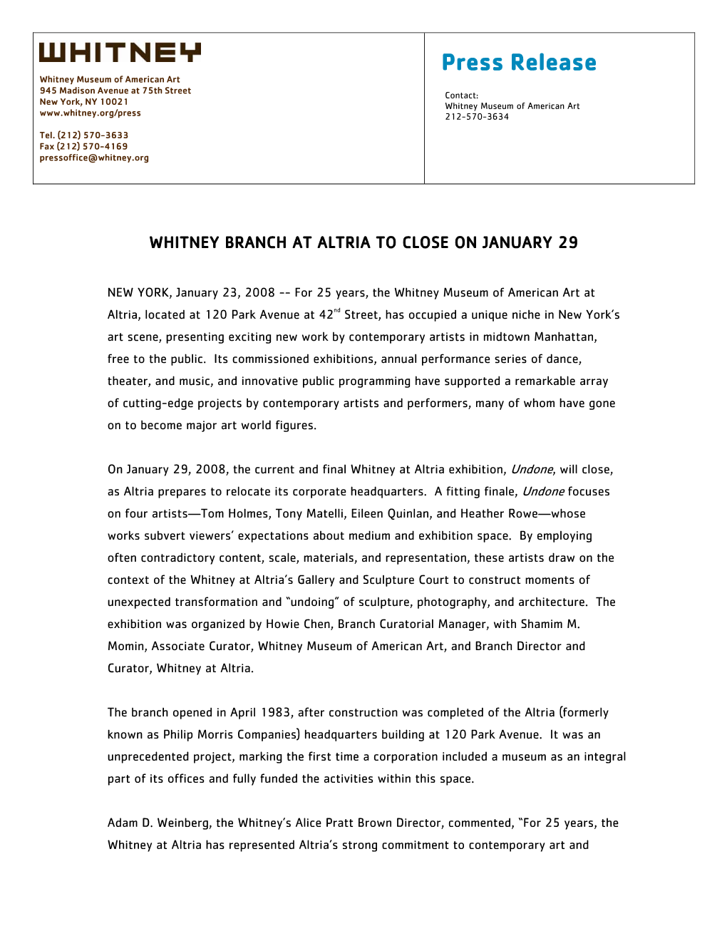Press Release Whitney Museum of American Art