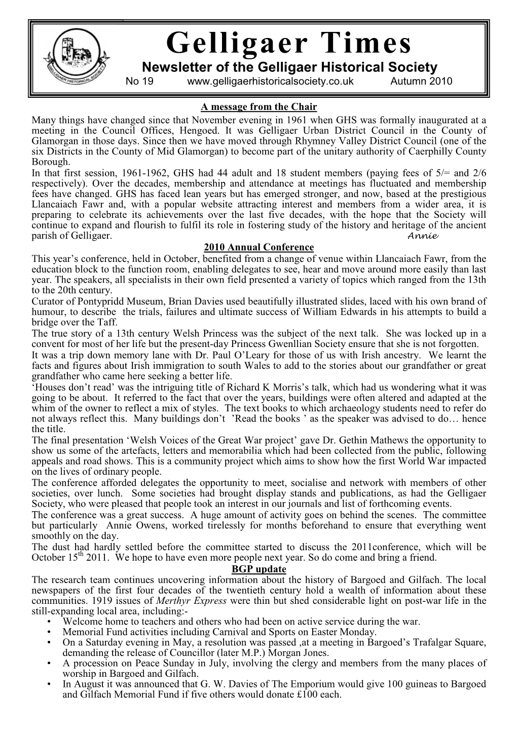 Gelligaer Times Newsletter of the Gelligaer Historical Society No 19 Autumn 2010