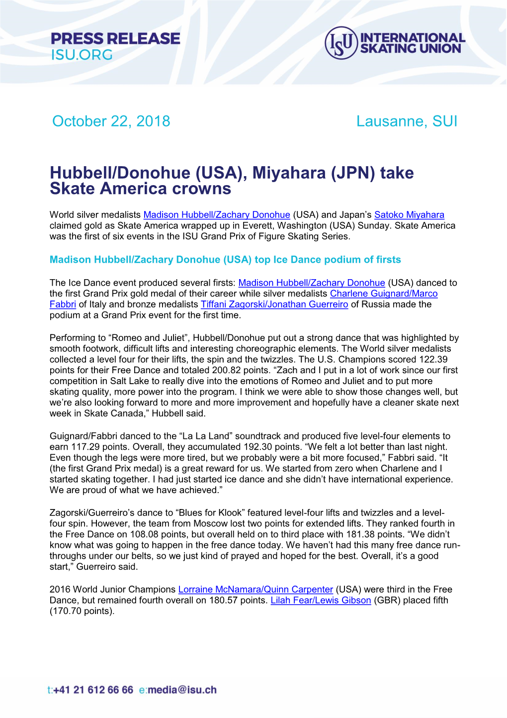 Hubbell/Donohue (USA), Miyahara (JPN) Take Skate America Crowns