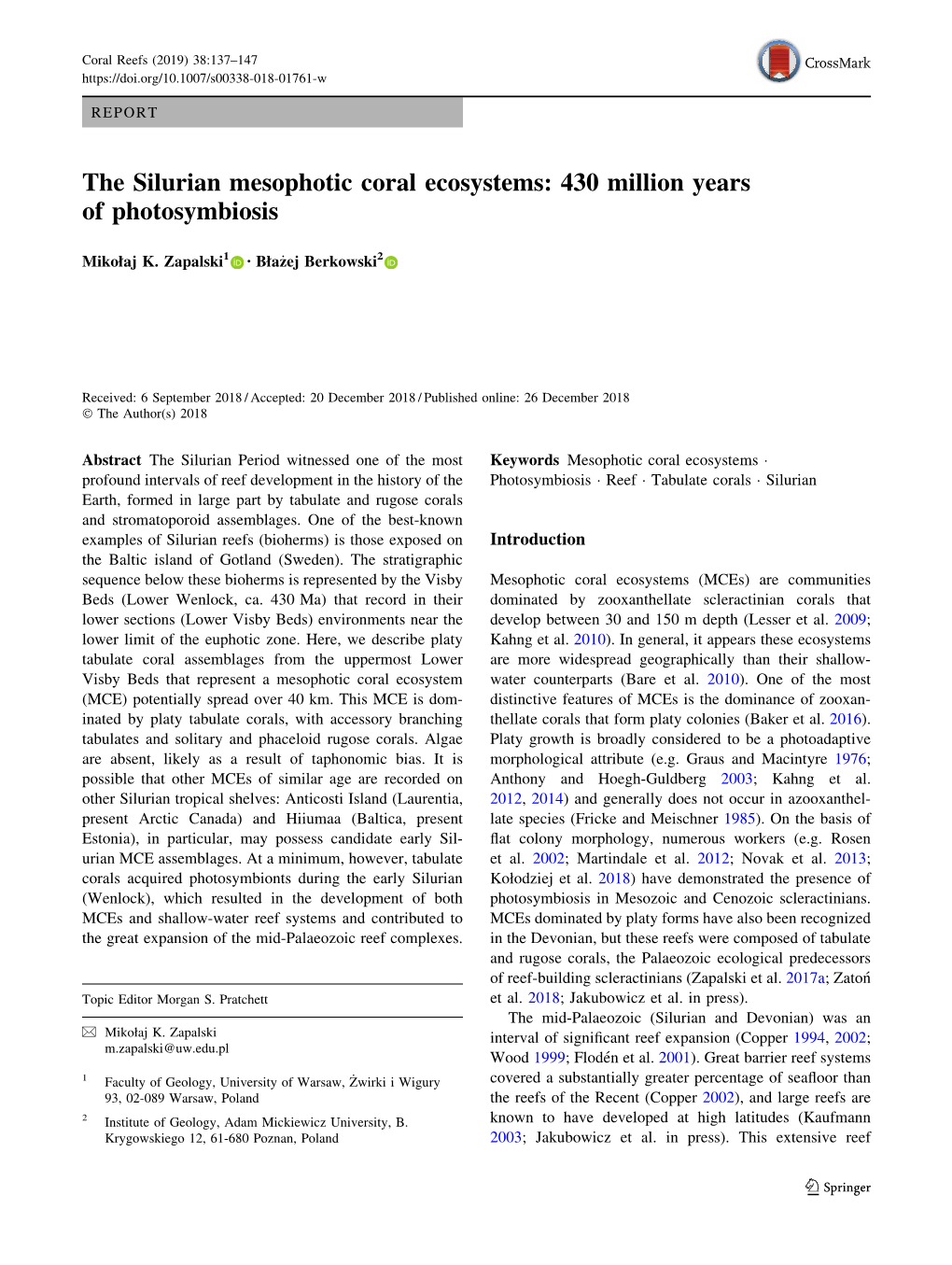 The Silurian Mesophotic Coral Ecosystems: 430 Million Years of Photosymbiosis