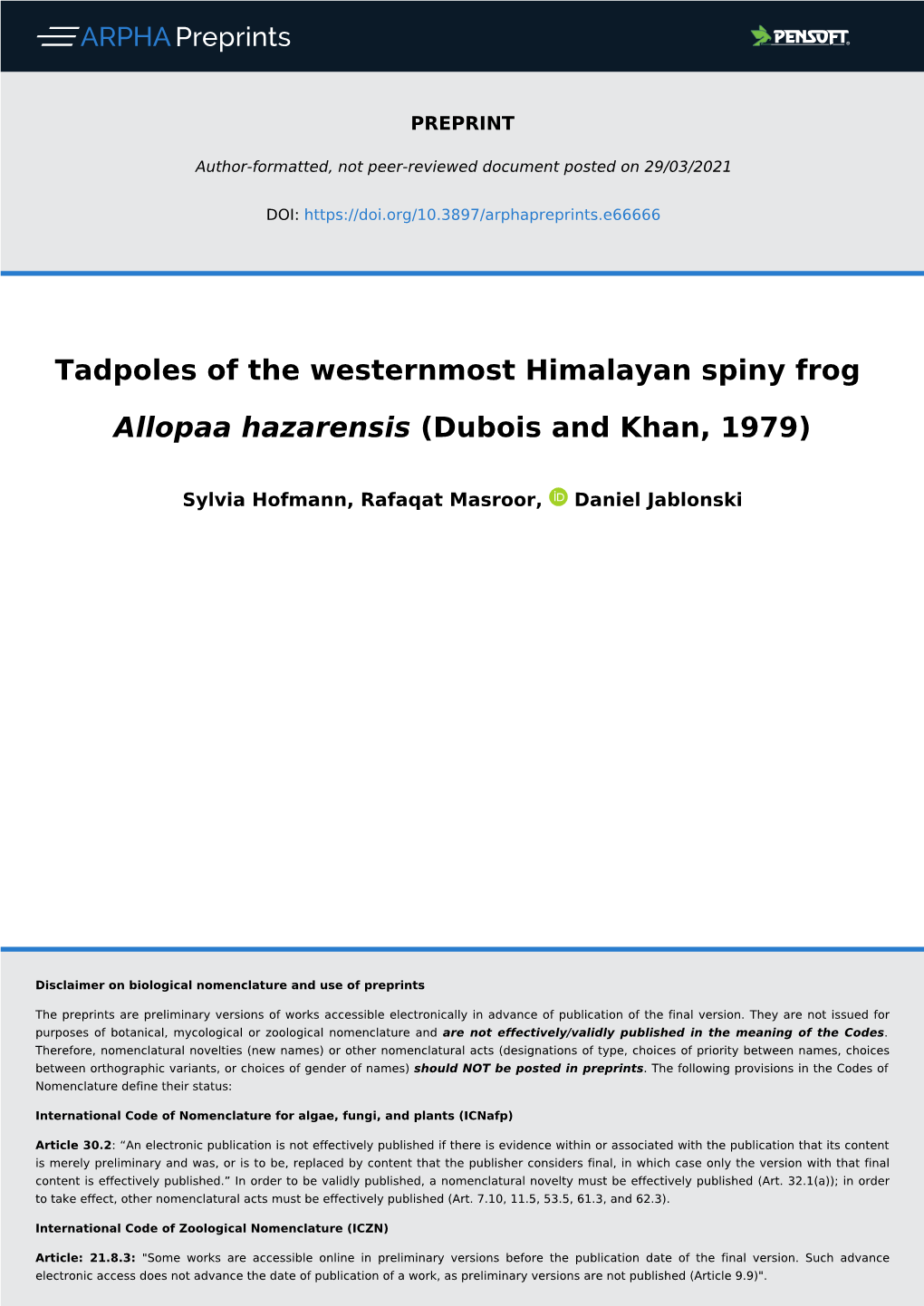 Tadpoles of the Westernmost Himalayan Spiny Frog Allopaa