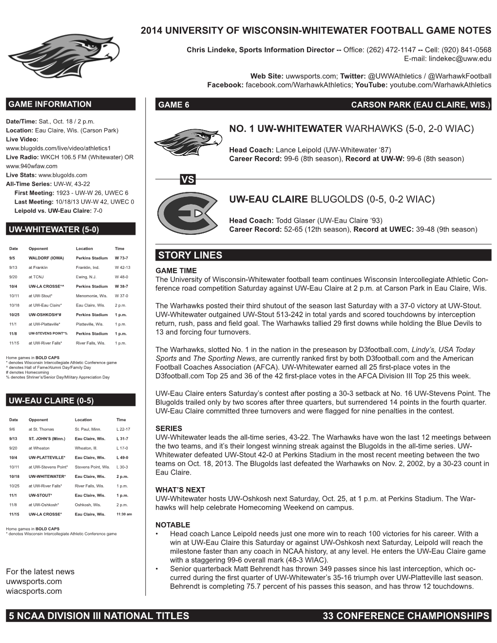 2014 University of Wisconsin-Whitewater Football Game Notes