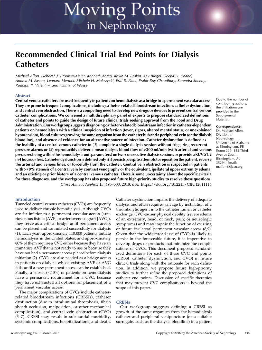 Recommended Clinical Trial End Points for Dialysis Catheters