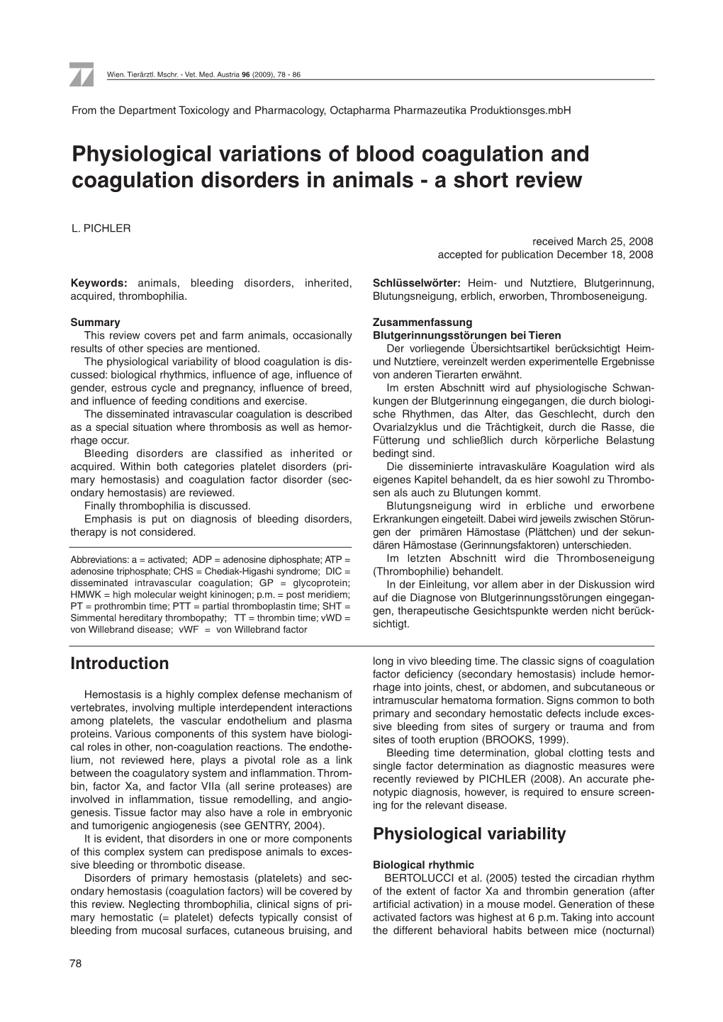 Physiological Variations of Blood Coagulation and Coagulation Disorders in Animals - a Short Review