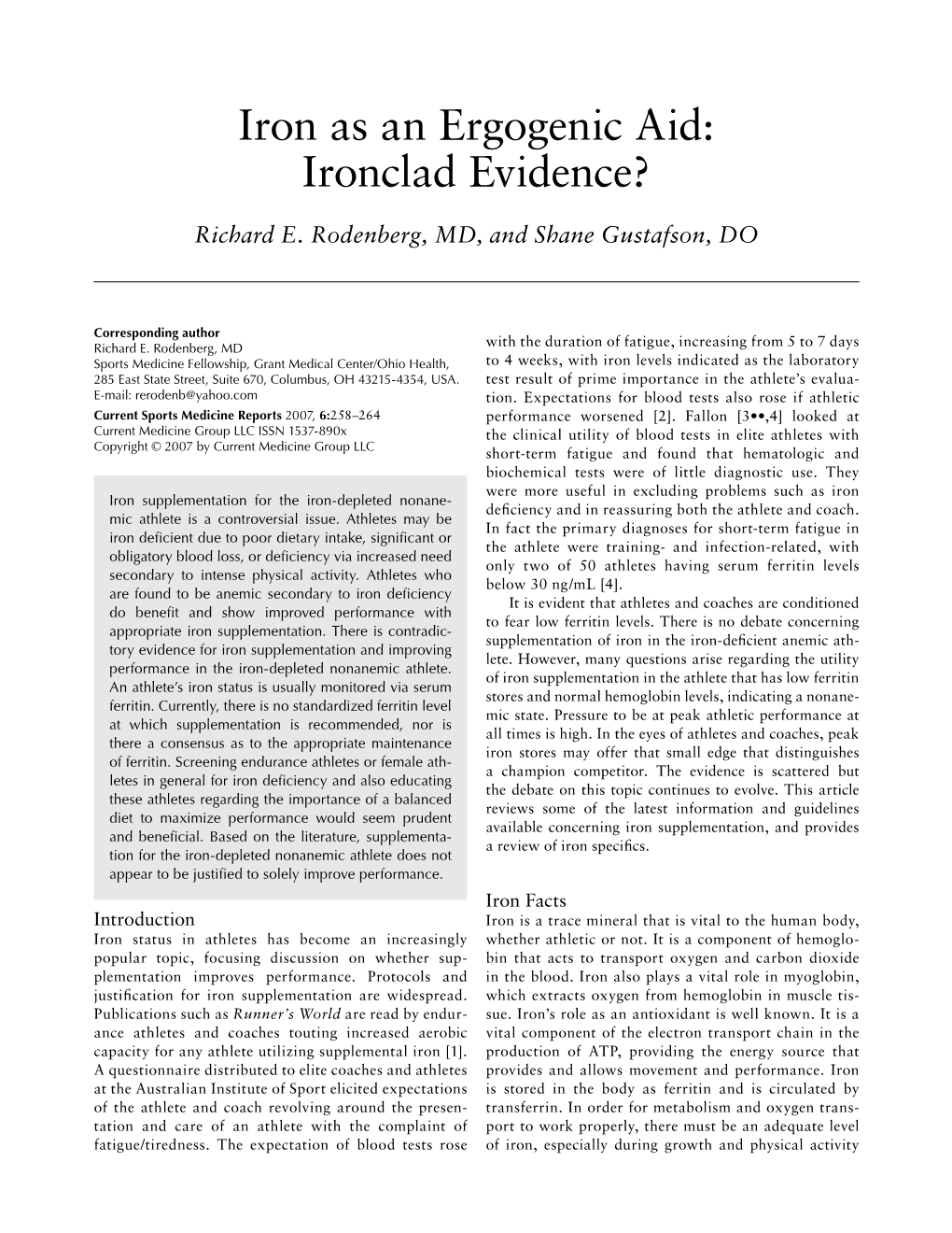 Iron As an Ergogenic Aid: Ironclad Evidence?