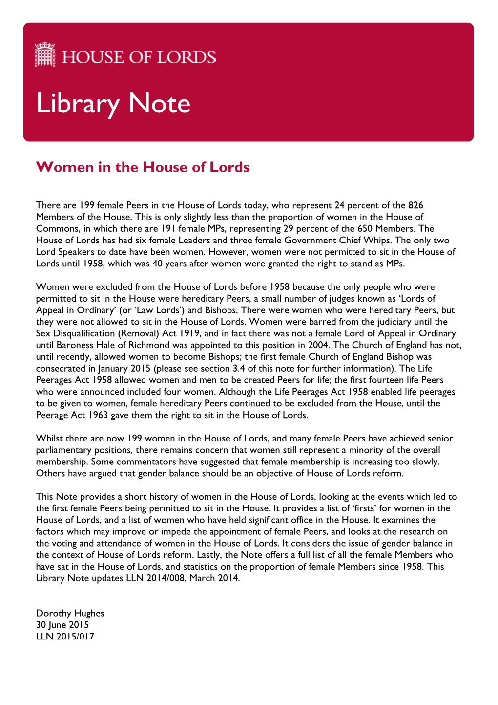 House of Lords Library Note