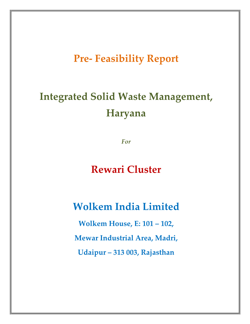 Pre- Feasibility Report Integrated Solid Waste Management, Haryana