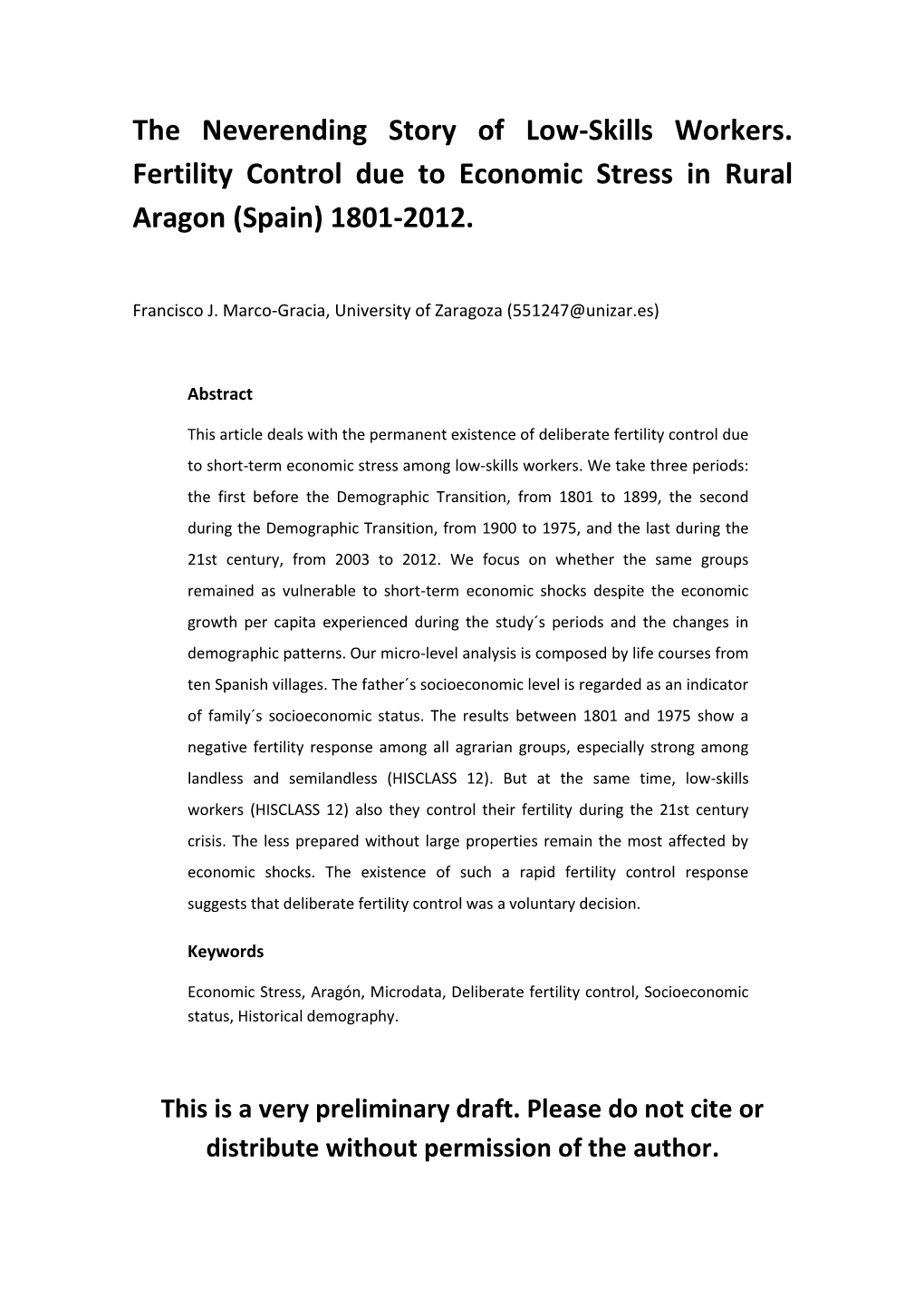 The Neverending Story of Low-Skills Workers. Fertility Control Due to Economic Stress in Rural Aragon (Spain) 1801-2012