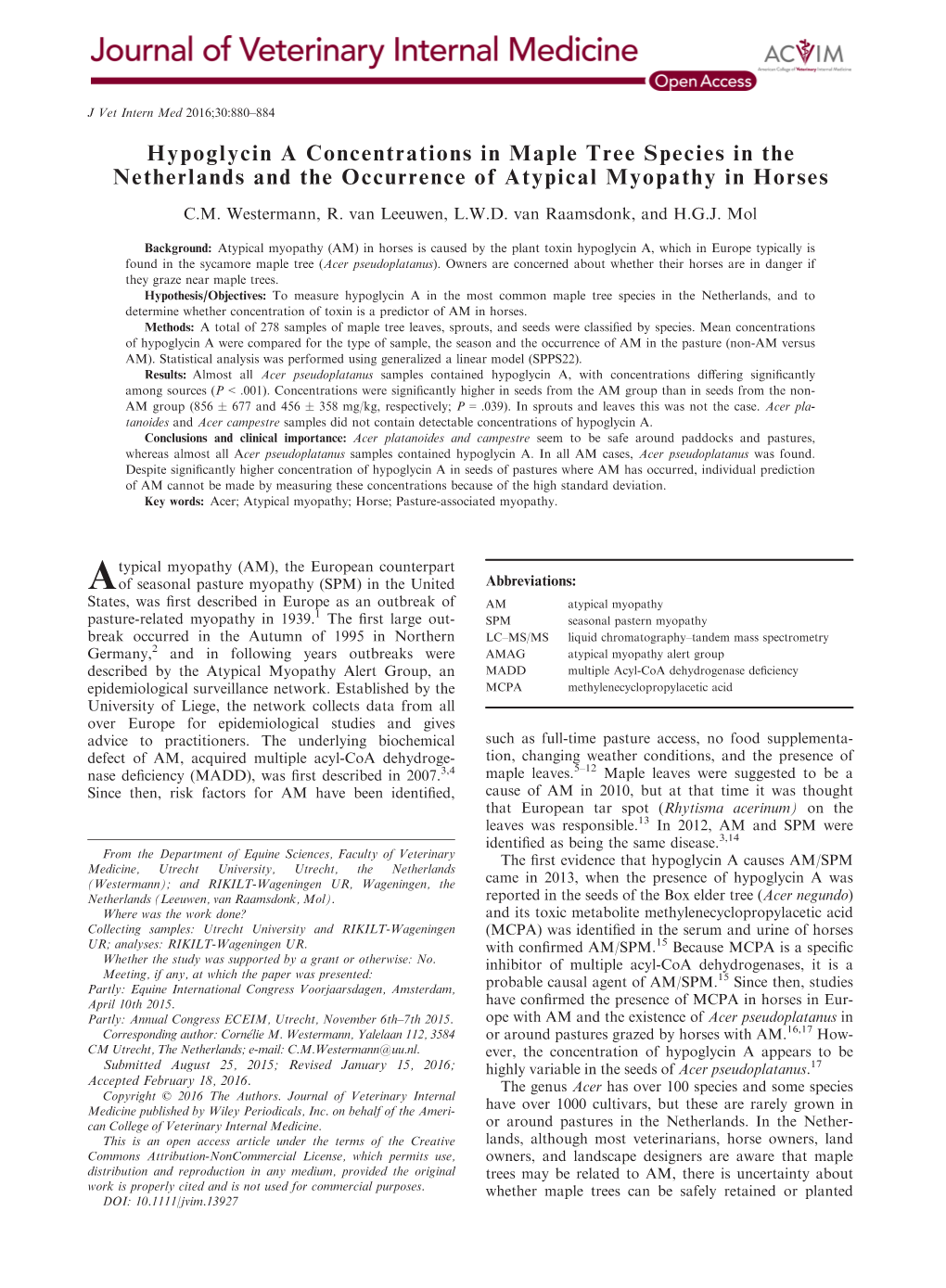 Hypoglycin a Concentrations in Maple Tree Species in the Netherlands and the Occurrence of Atypical Myopathy in Horses